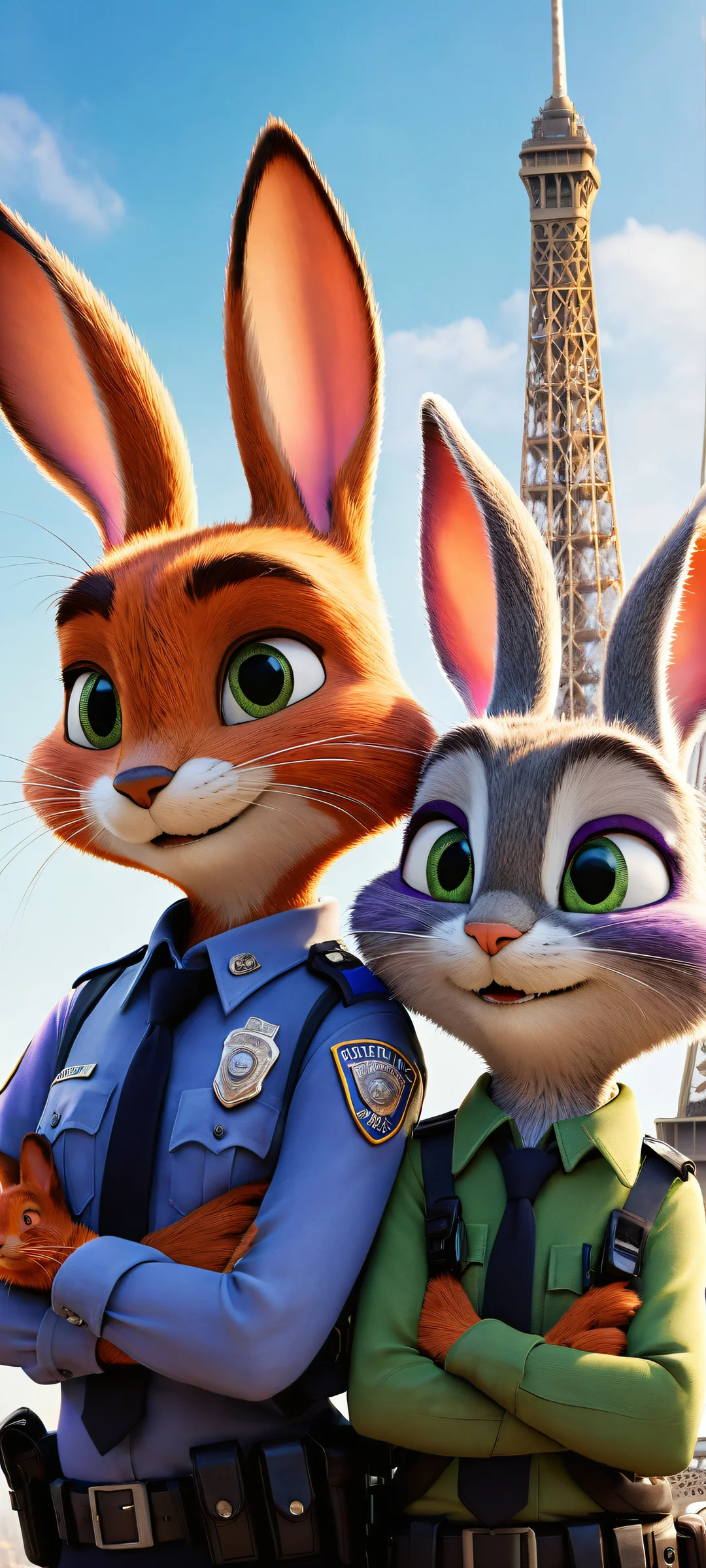 Beautiful digital art of Judy Hopps and Nick Wilde from Zootopia, perfectly optimized for iPhone and Android home screens, with intricate micro-details and a cityscape background at dusk.