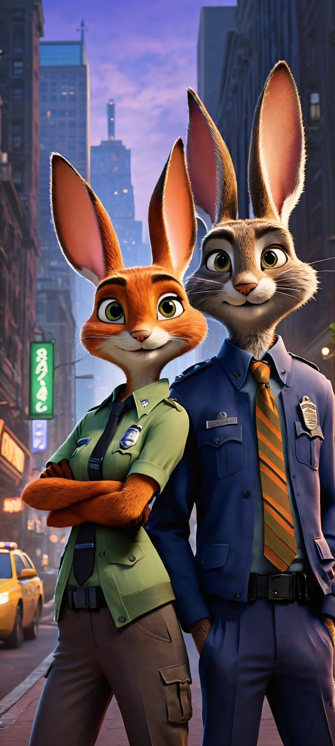 Breathtaking vertical portrait artwork of Judy Hopps and Nick Wilde in a stunning Dark Mode aesthetic, parfait pour les écrans d'accueil iPhone/Android.