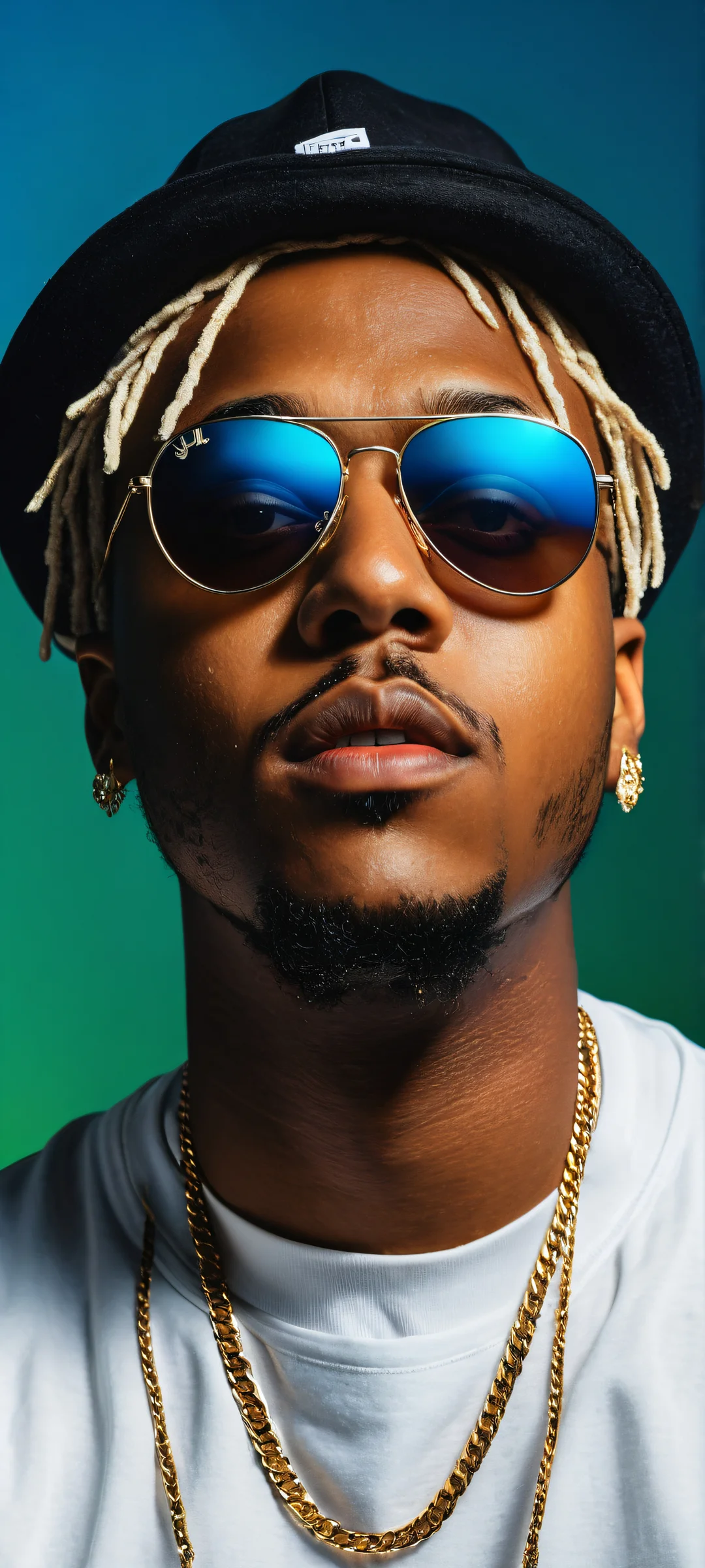 Breathtaking portrait of Juice WRLD for iPhone and Android, featuring intricate details on his iconic hat and sunglasses. Perfectly optimized for mobile home screens.