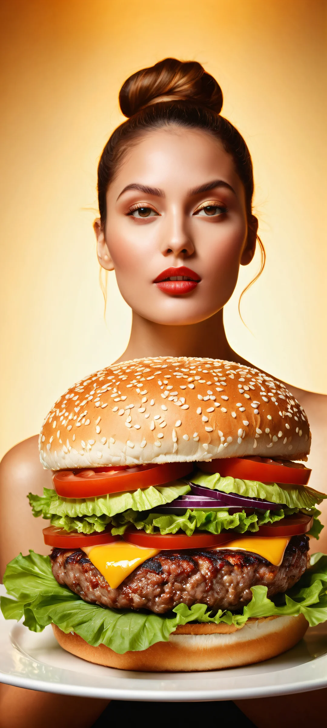 A stunning portrait of a hamburger woman on a plate, iPhone/Androidのホーム画面に完全に最適化. Showcase your love for food with this mouth-watering mobile wallpaper.
