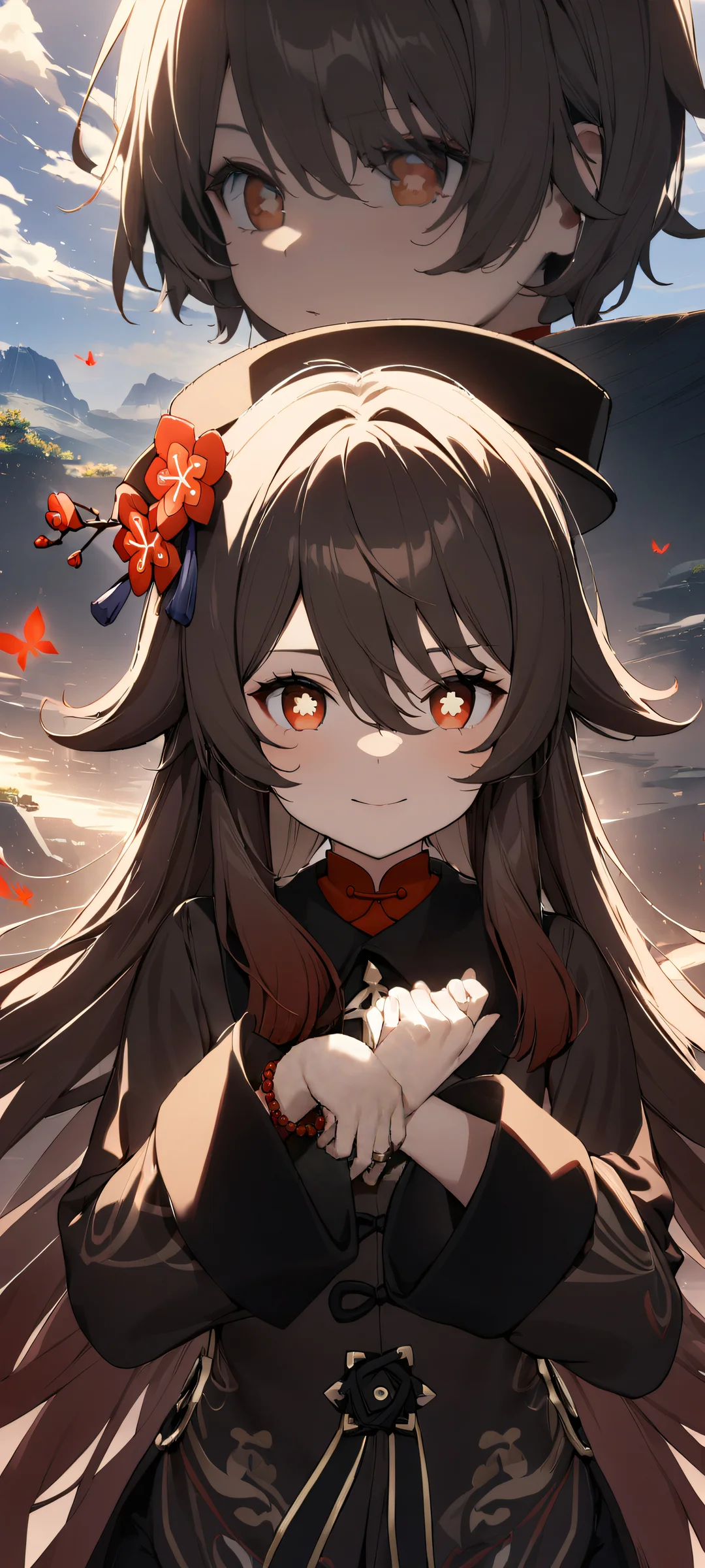 A captivating portrait of Hu Tao from Genshin Impact, gazing at the viewer with an air of mystique, set against a breathtaking 8K landscape inspired by Jujutsu Kaisen's vibrant hues. iPhone用に完全に最適化, サムスンギャラクシー, と Android のホーム画面.