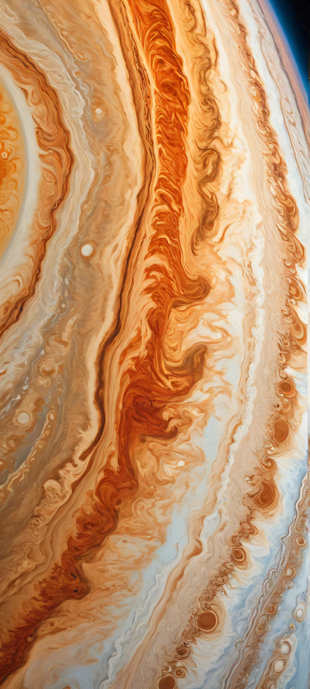 A stunning portrait of Jupiter's Great Red Spot on a serene blue-gray background with subtle gradient effects, perfect for iPhone and Android home screens.