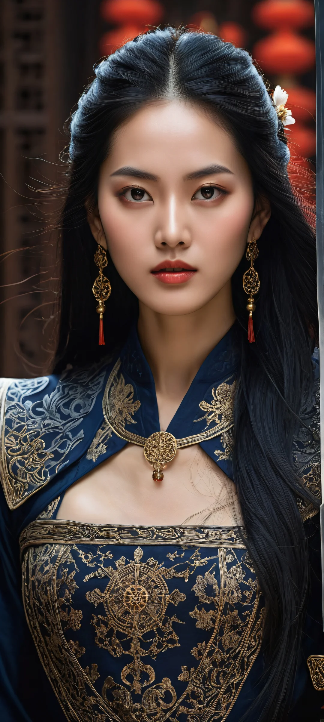 iPhone/Android wallpaper featuring a breathtaking portrait of a woman with long black hair and sword, set against a serene Traditional Chinese-inspired background.