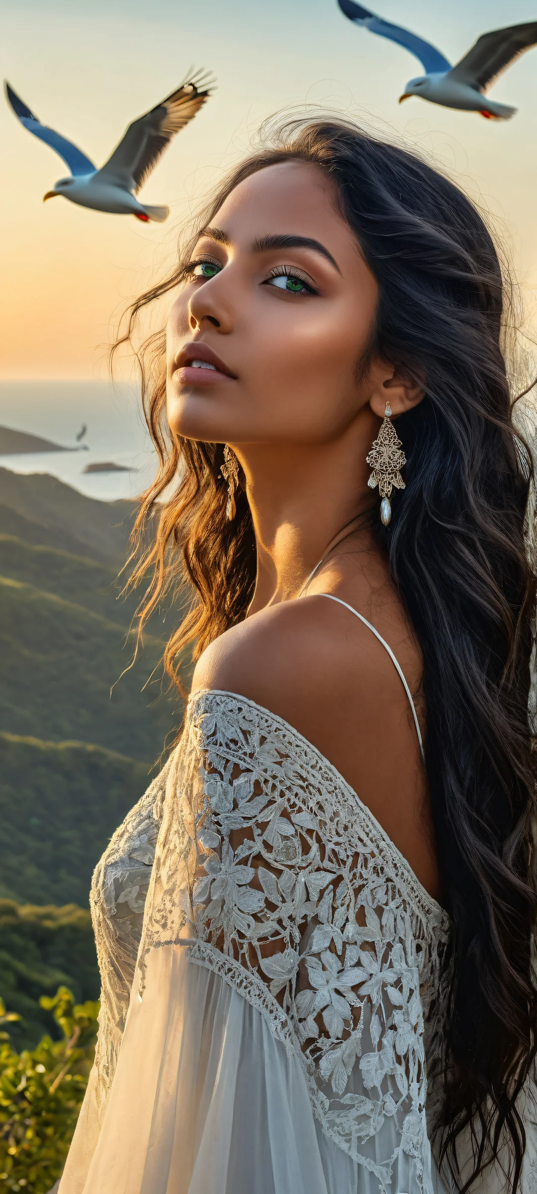 A stunning digital artwork of Kalia Rovella, with her intricately detailed green eyes and hair ornament, set against a serene outdoor backdrop featuring seagulls flying in the distance. Perfect for iPhone/Android home screens.