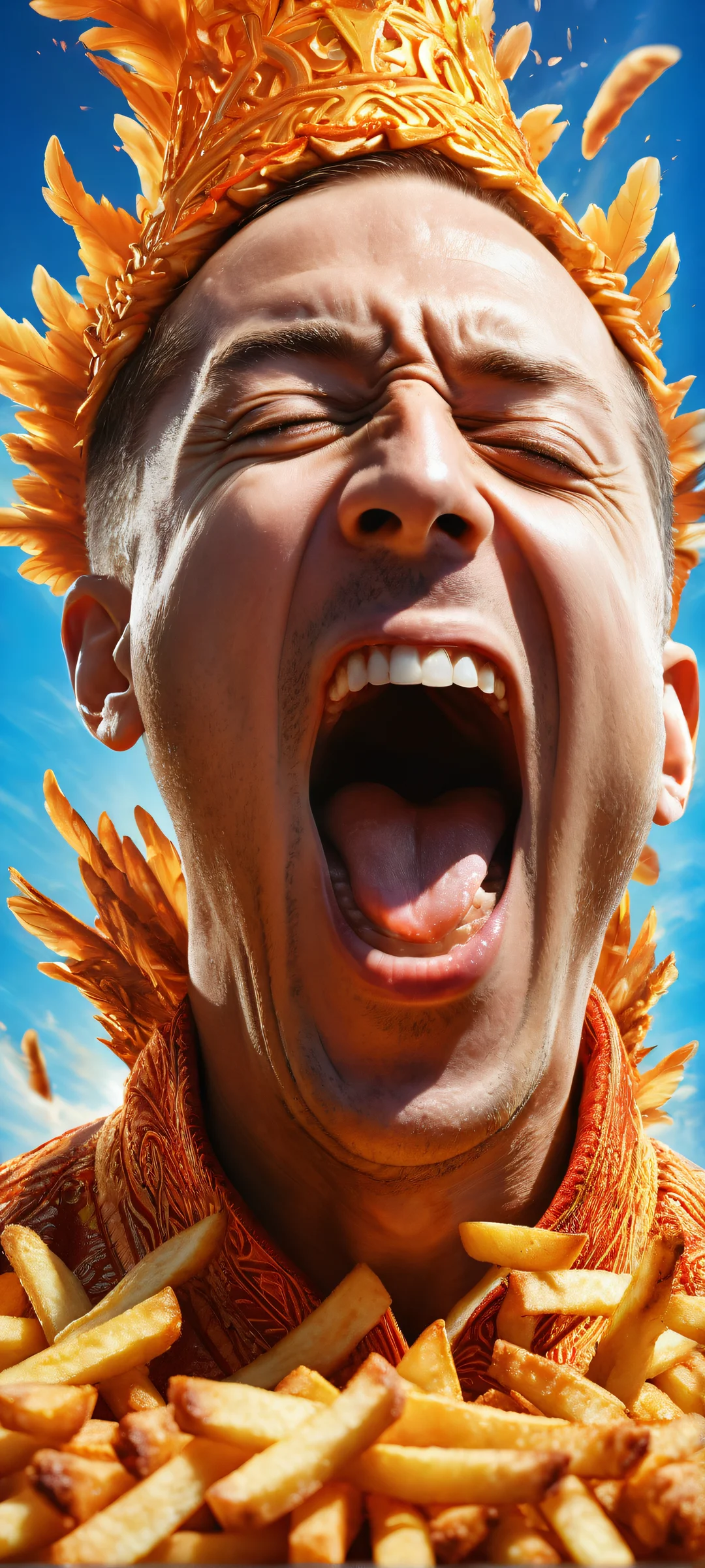 iPhone and Android user, this stunning portrait artwork features a man screaming 'Kamehamehaaaaaaa' against a pristine void background with a steaming chicken and fries. Perfectly optimized for your home screen.