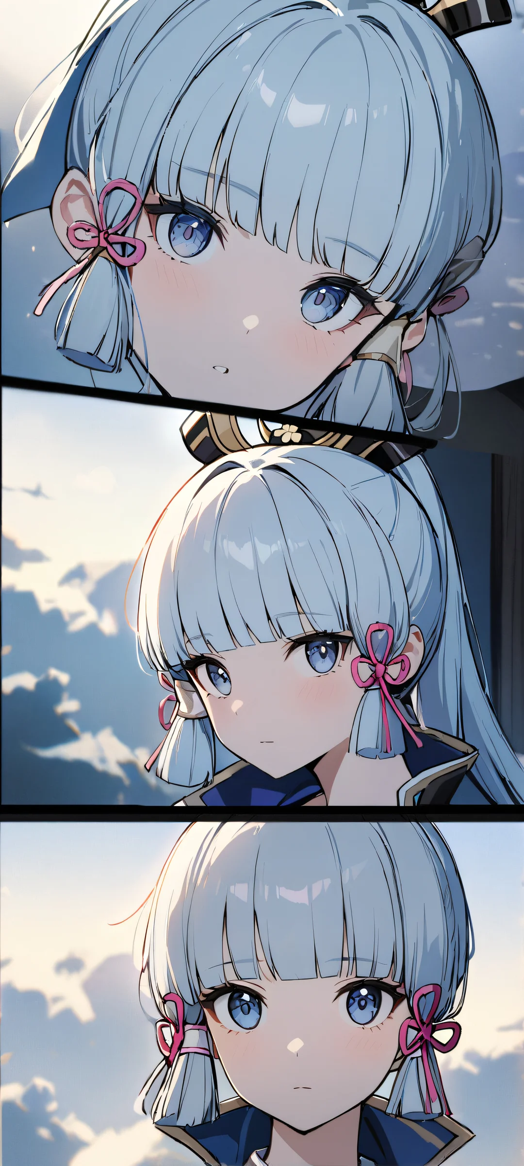 Kamisato Ayaka looking directly at the viewer on a black and white background with accents of white, perfectly optimized for iPhone/Android home screens.