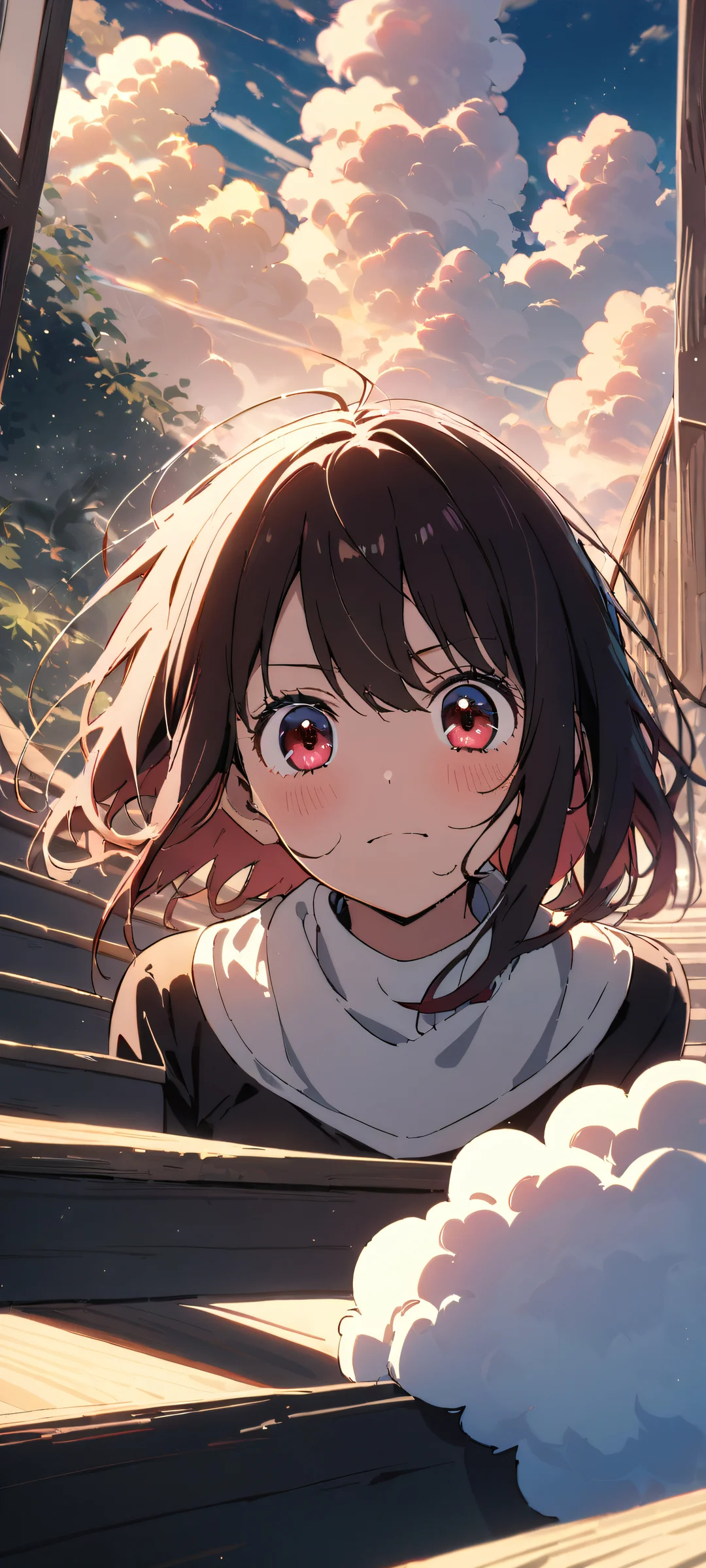 A girl from the anime series Oshi No Ko gazes at the viewer with a peaceful expression. Perfectly suited for iPhone or Android home screens, this masterpiece features an endless staircase rising up to a bright blue sky adorned with fluffy clouds.