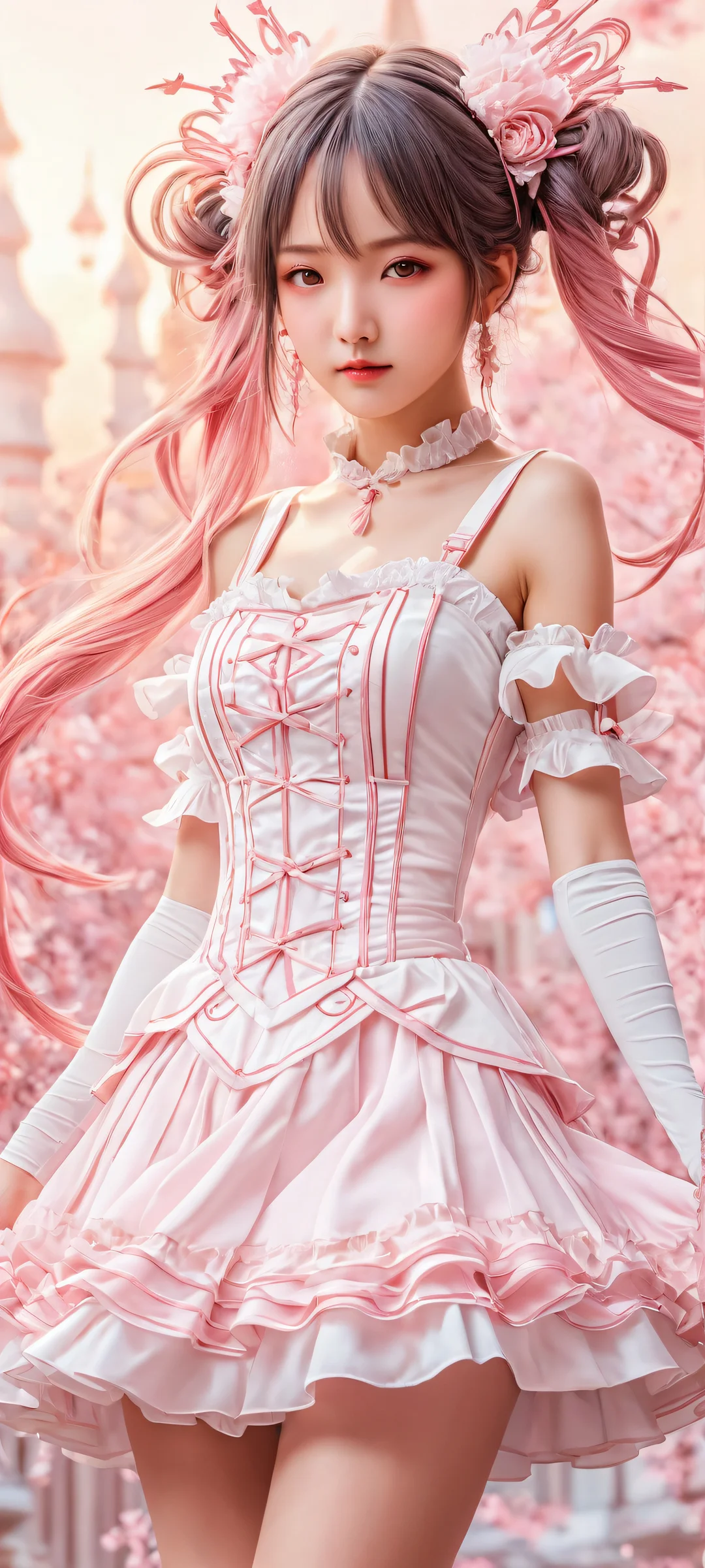 A beautiful portrait of Kaname Madoka in a magical girl costume, parfaitement optimisé pour les écrans d'accueil iPhone et Android.