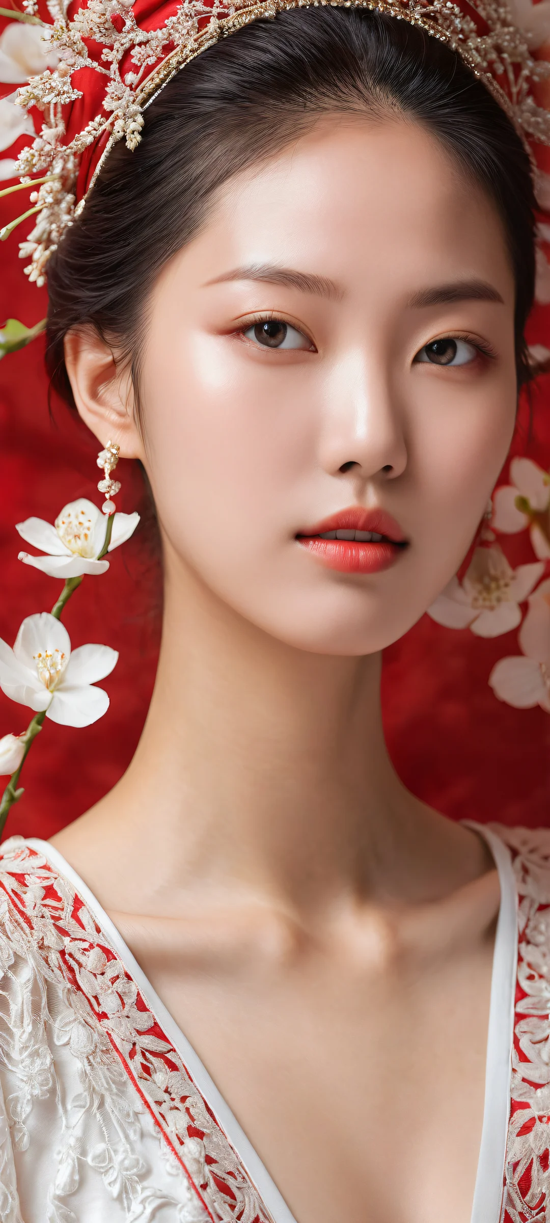 Ethereal Kanna Seto Portrait iPhone & Samsung QHD Wallpaper A serene portrait of Kanna Seto resting on her arms, gazing at the viewer, perfectly clean and empty top half with vibrant red clothing and ethereal lighting, suitable for iPhone/Android home screens.