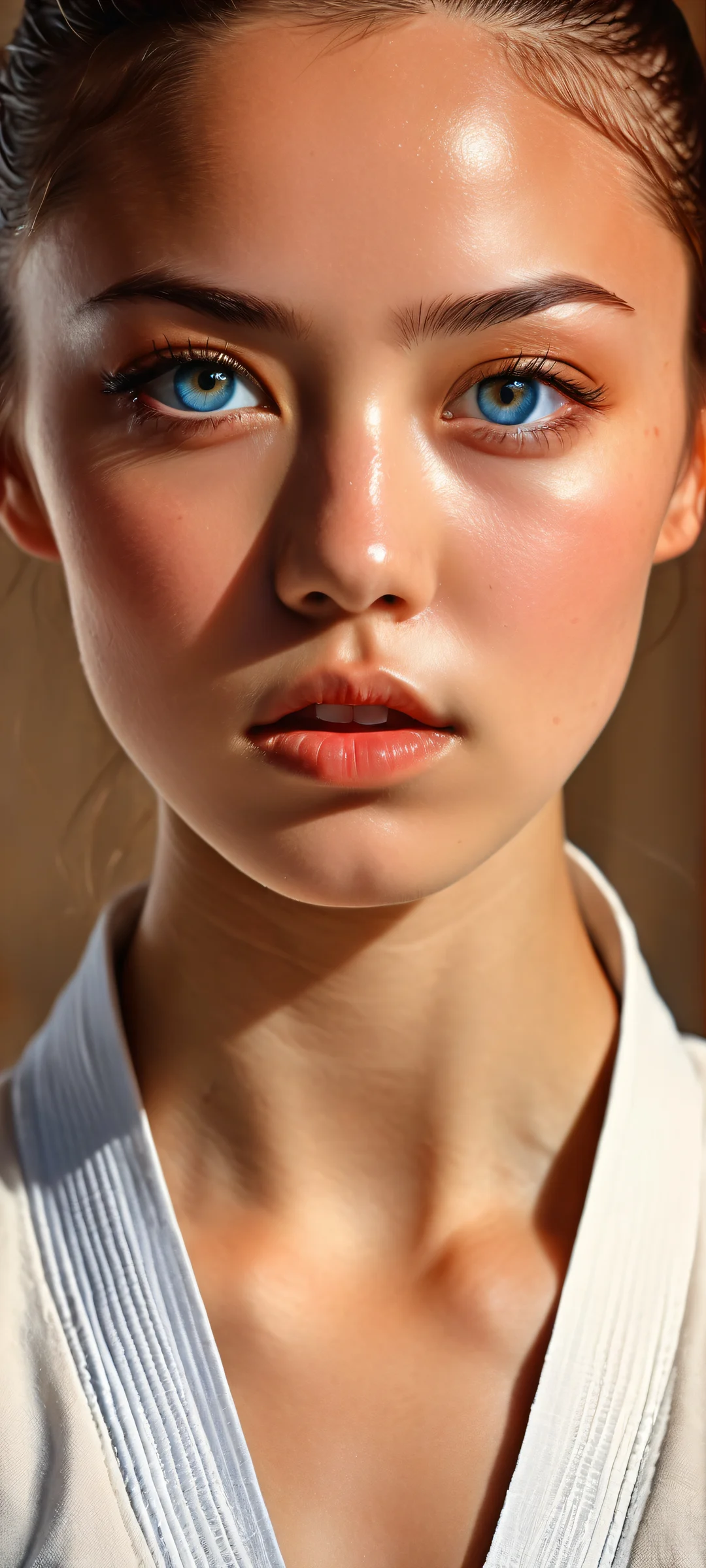 A serene young karate practitioner posing in a training hall background with intricate details and ethereal lighting, perfekt optimiert für iPhone/Android-Startbildschirme.