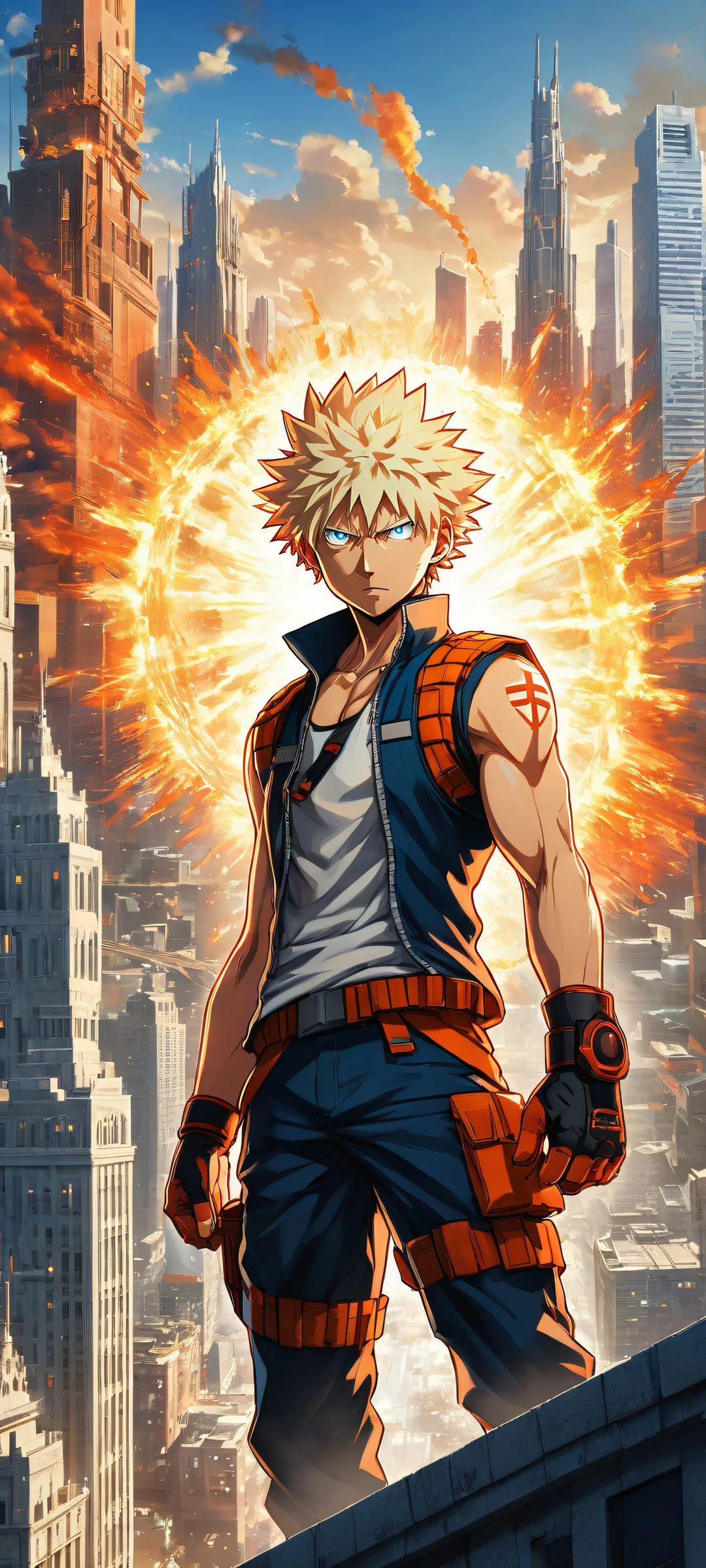 iPhone/Android wallpaper featuring Katsuki Bakugou from the world of heroes, showcasing his Quirk's explosive mechanism and intricate circuitry.