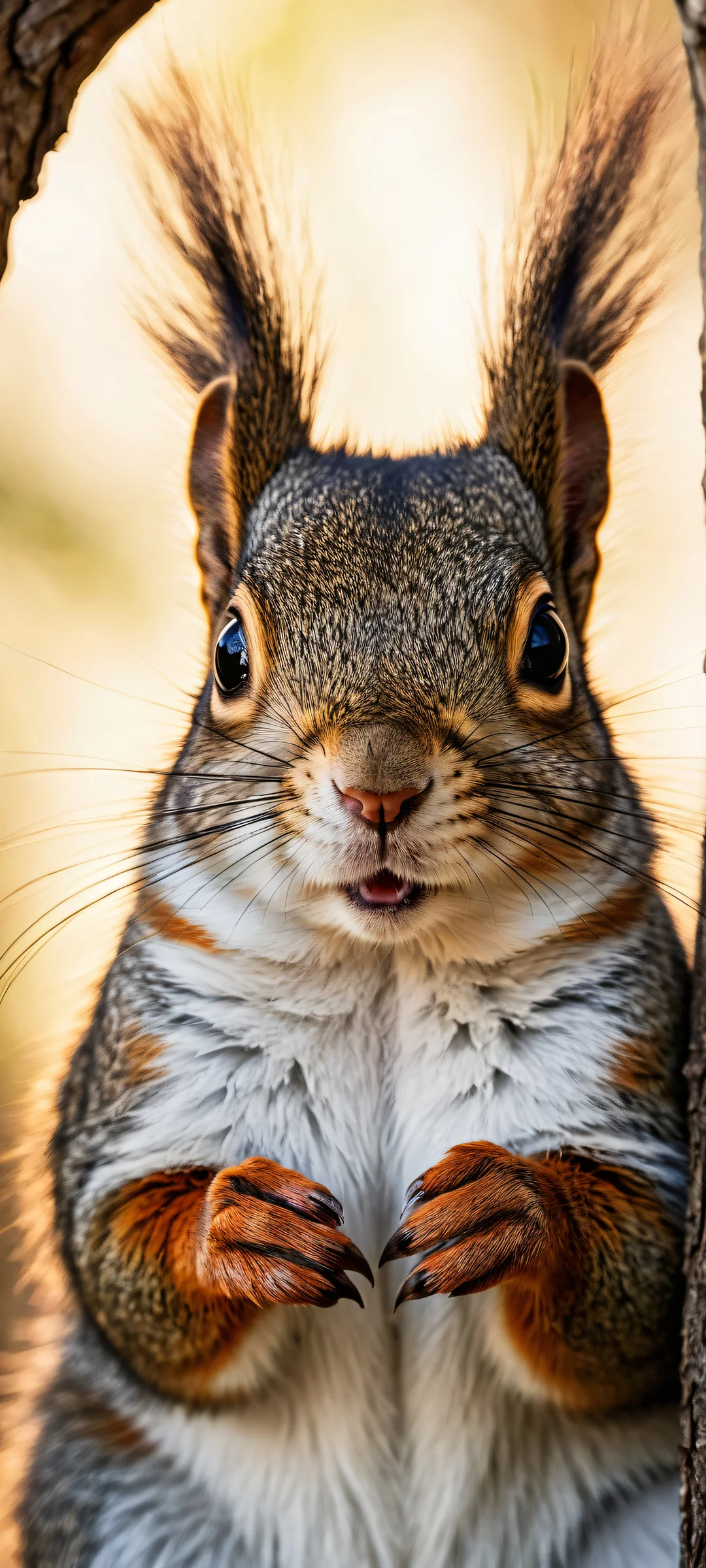 Adorable squirrel Kirichi proudly showcased on an iPhone or Android device, with intricate fluffy fur and big ears details against a clean and empty background.
