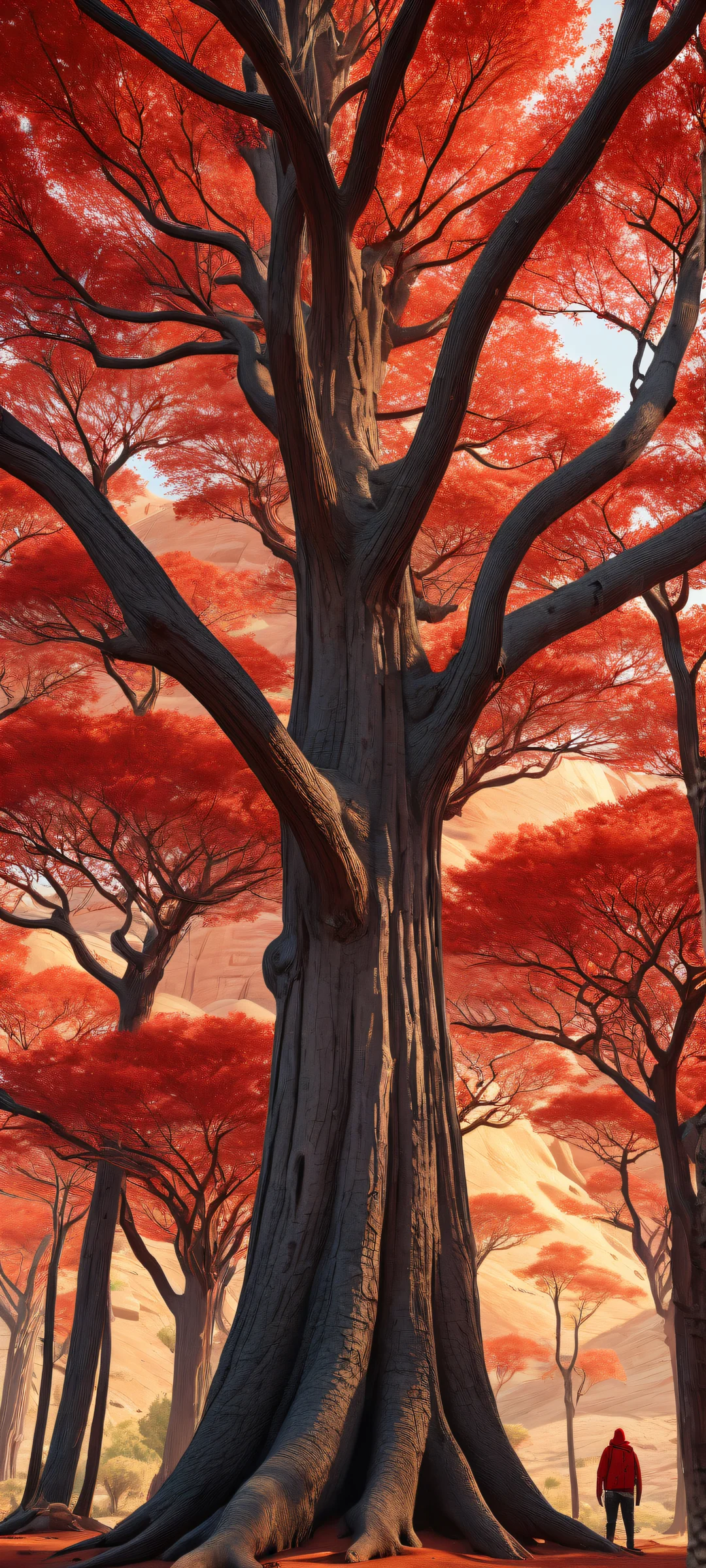 iPhone and Android user's delight - breathtaking portrait artwork of Kliff amidst desert landscape with radiant crimson hues, brilliant reflections, and flawless clarity.