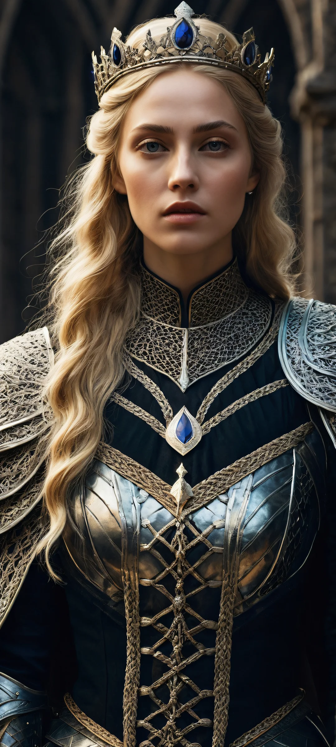 A stunning portrait of Knight Leda against a pure void, perfectly optimized for iPhone/Android home screens.