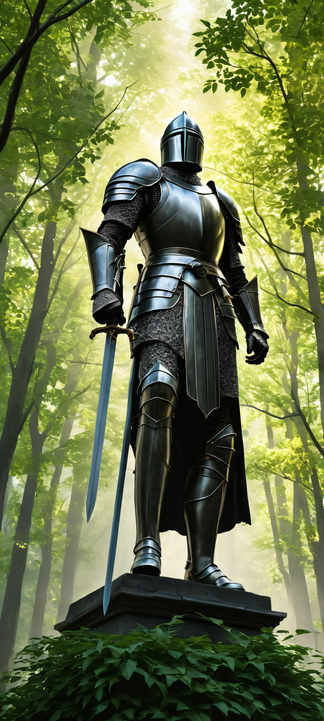 A majestic knight statue amidst lush greenery and towering trees on an iPhone or Android device.