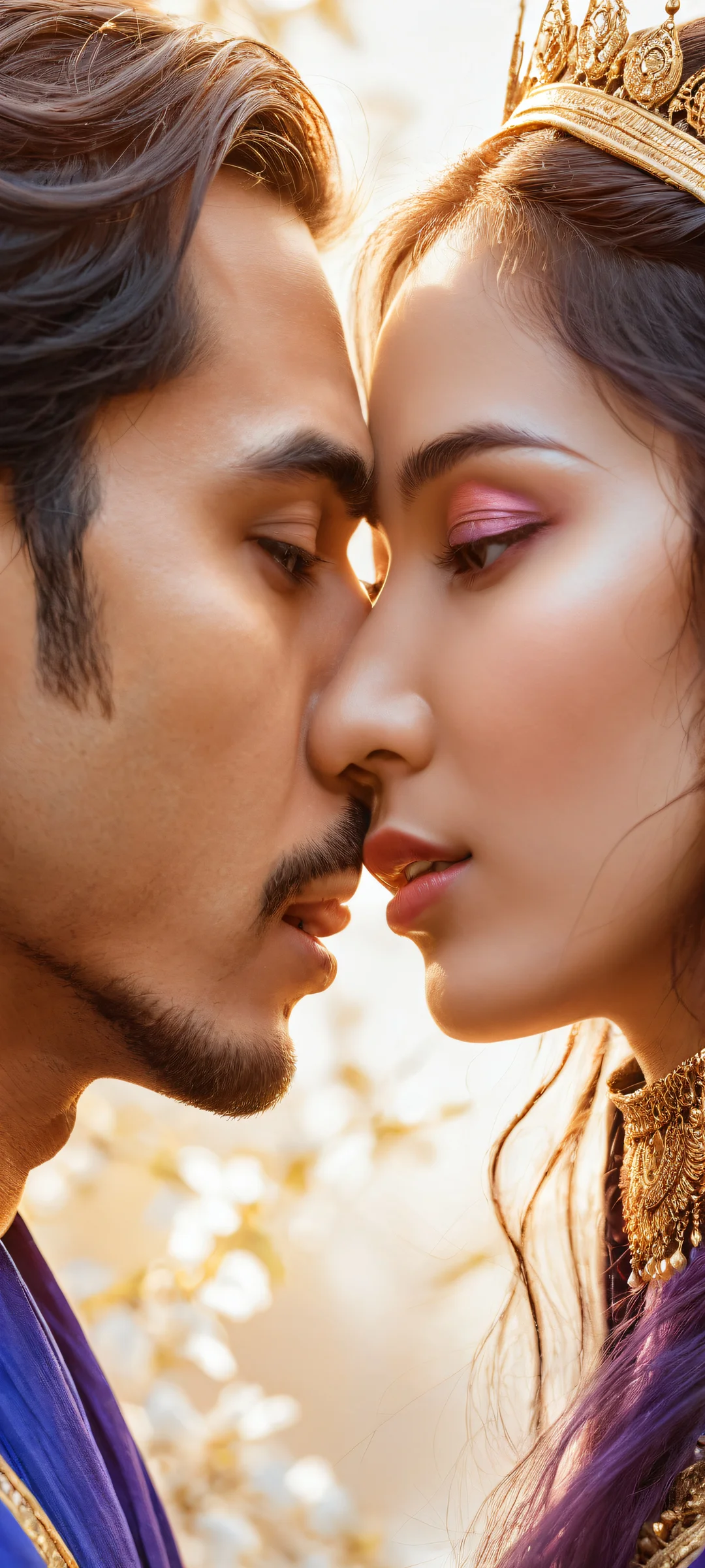 Ivory-skinned Kobo Kanaeru and Vestia Zeta share a tender kiss on a serene background, perfeitamente otimizado para iPhone, Galáxia Samsung, e telas iniciais do Android.