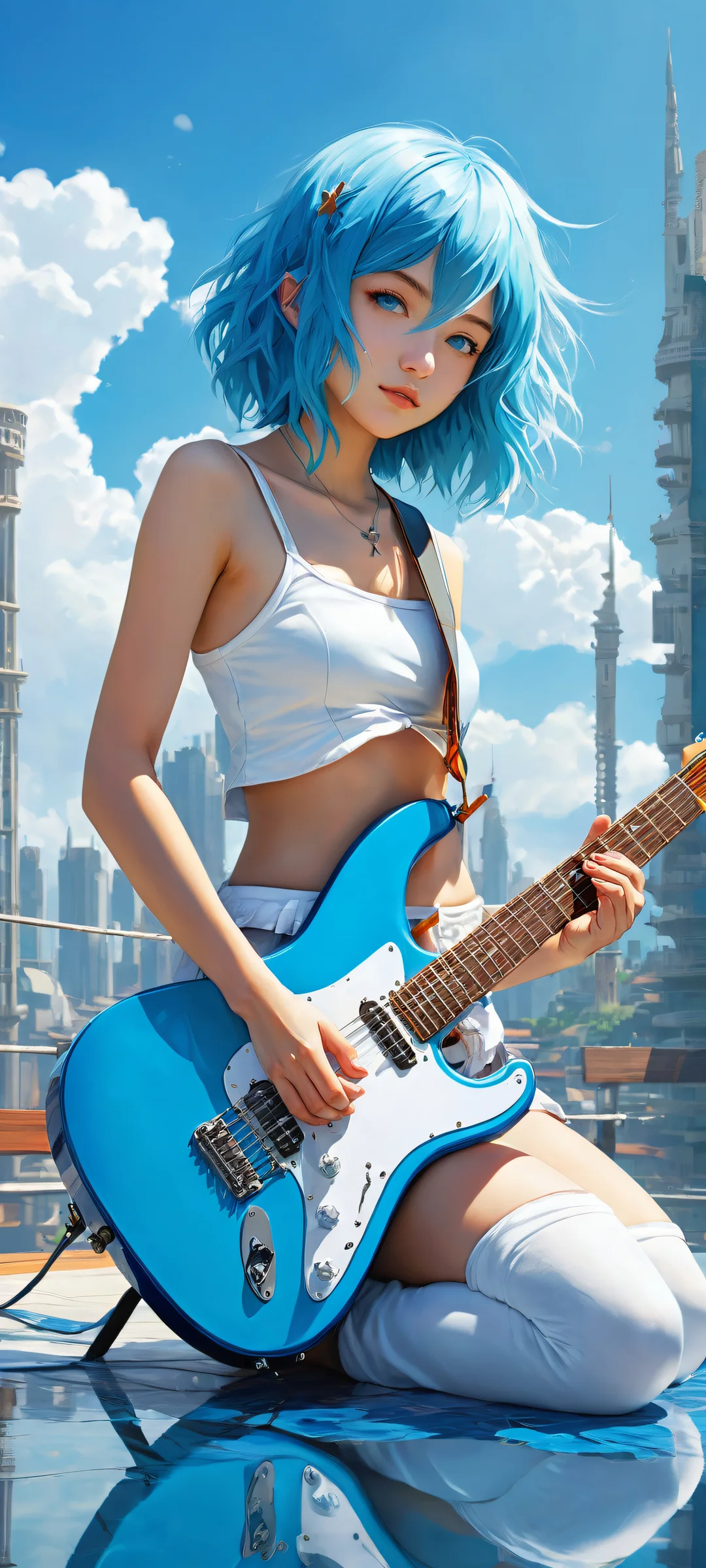 A breathtaking portrait of a blue-haired girl playing an electric guitar on the beach of Konosuba's underwater city, parfaitement optimisé pour les écrans d'accueil iPhone et Android.