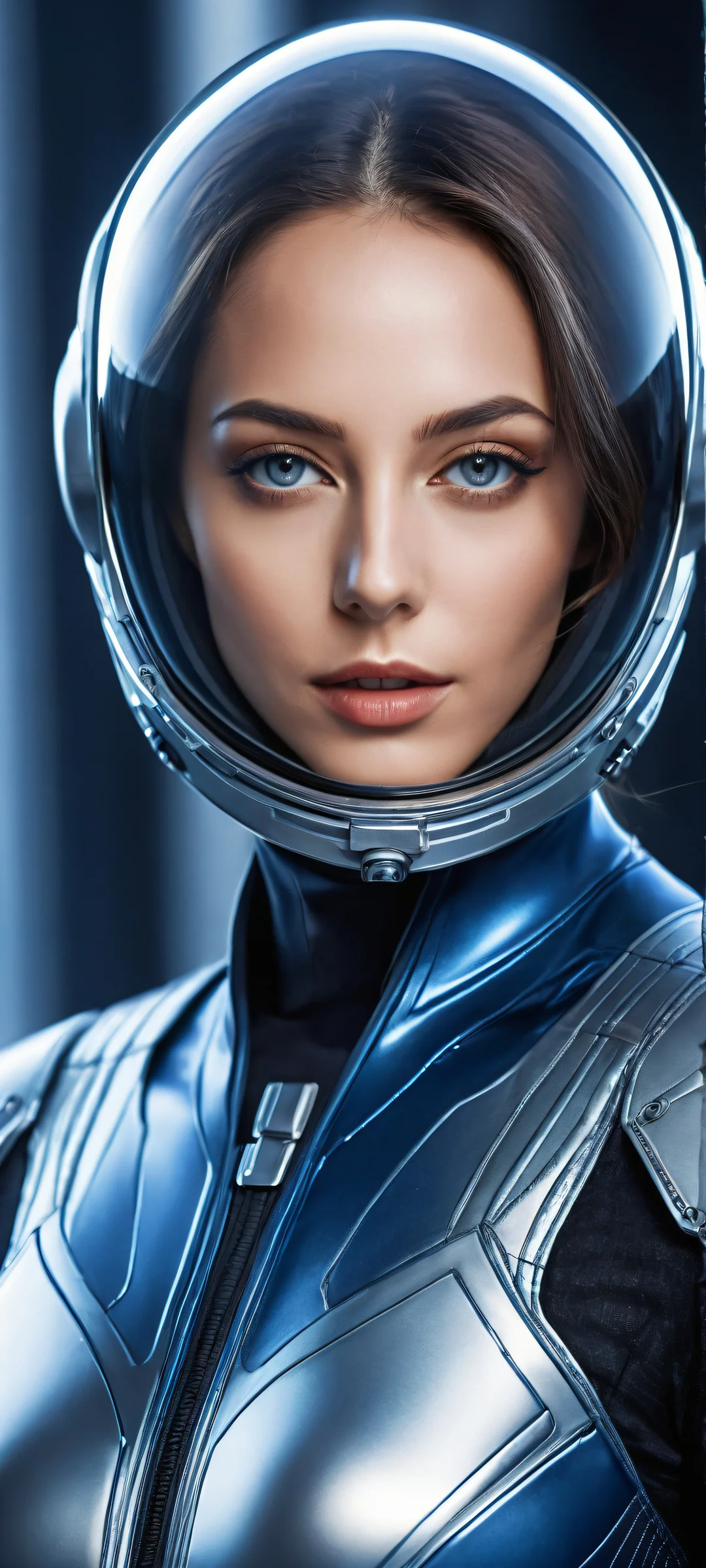 A stunning vertical portrait of Krystal on an iPhone/Android, featuring intricate suit designs and cockpit elements.