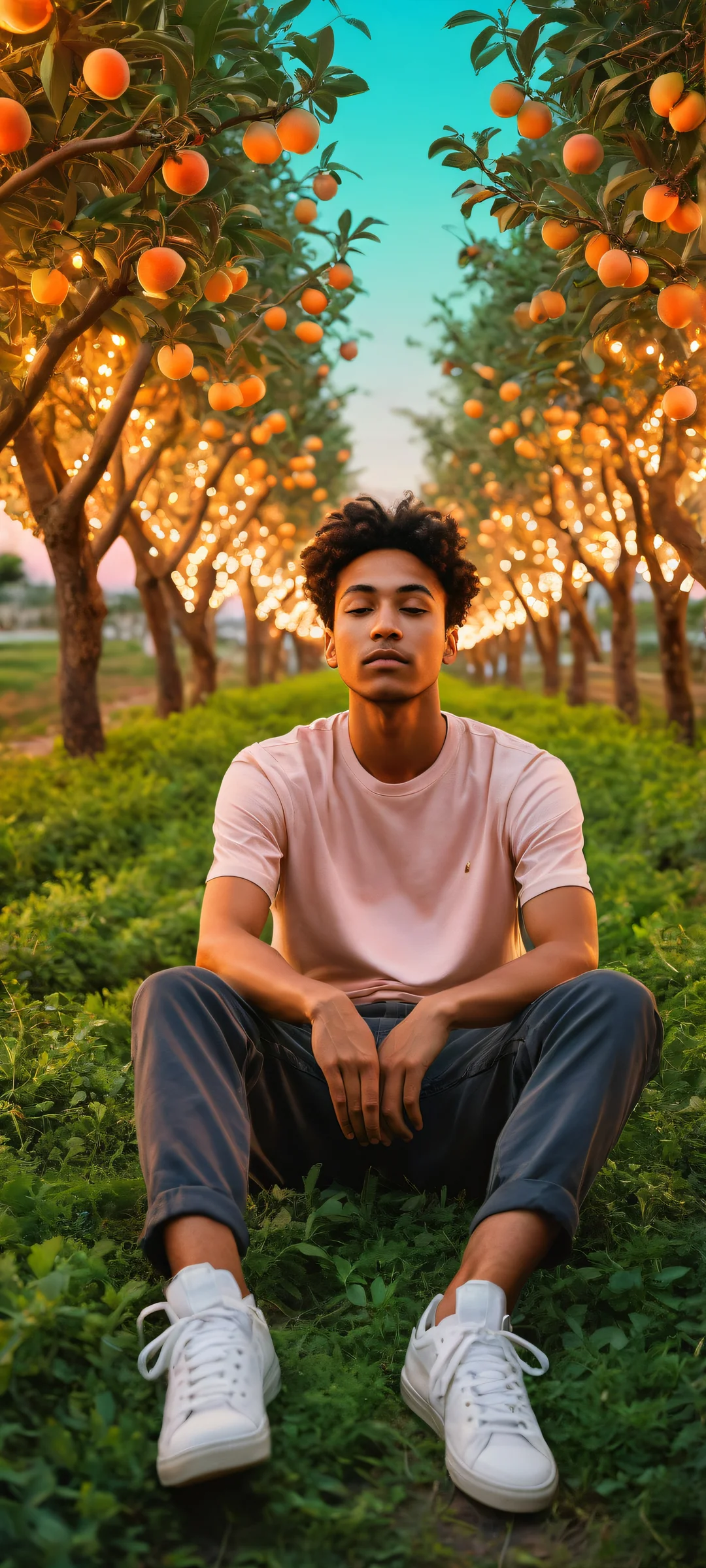 Relaxed young man surrounded by a glowing orchard on an iPhone/Android background.