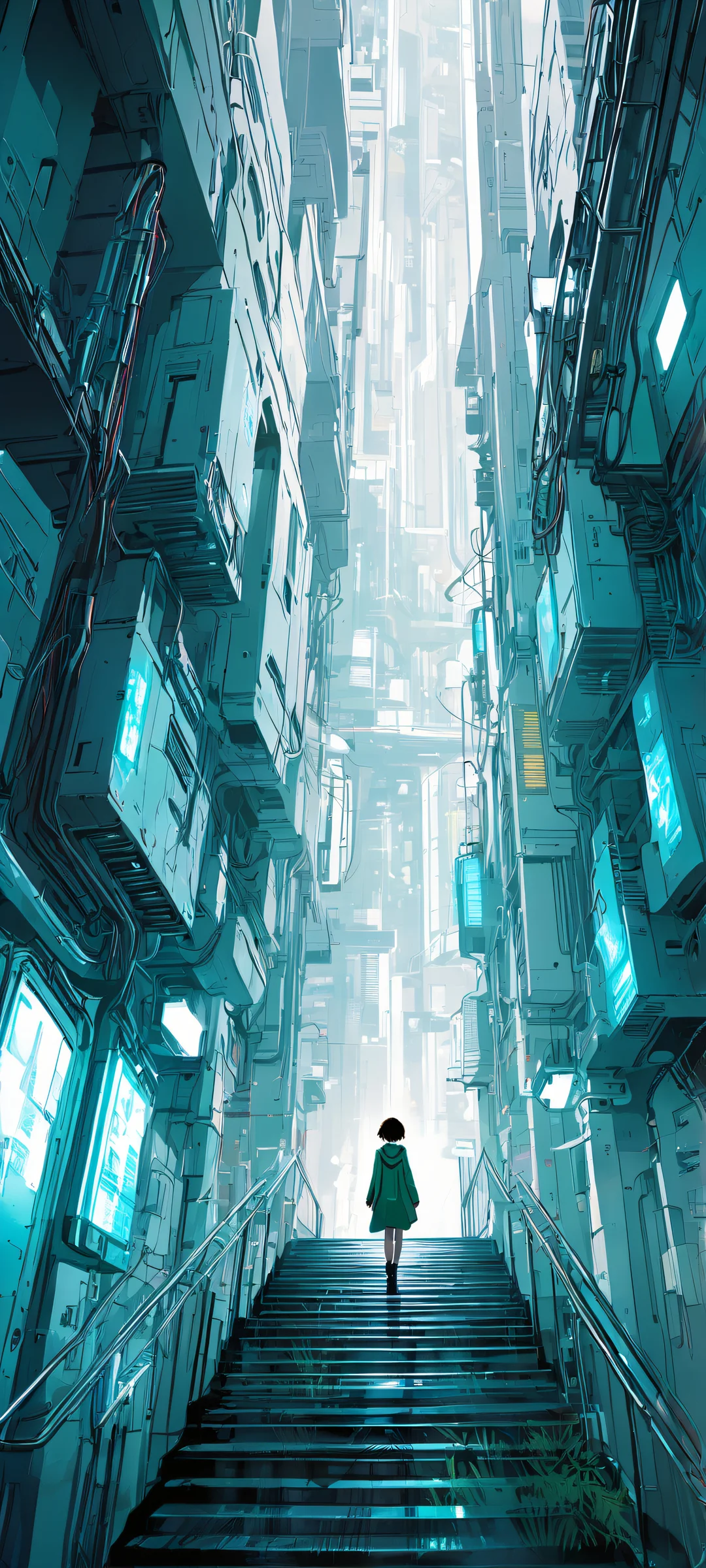 iPhone and Android user's dream wallpaper featuring Serial Experiments Lain's protagonist surrounded by intricate circuit boards and futuristic details.