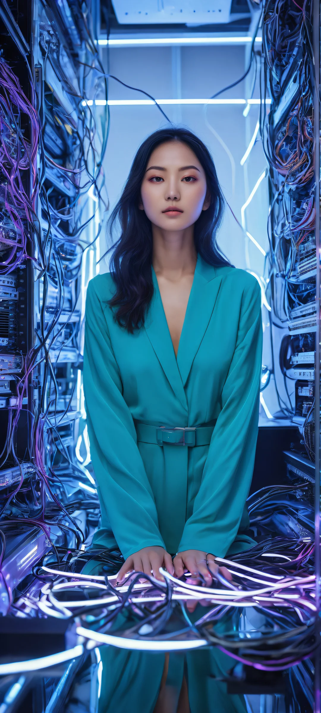 iPhone and Android user, immerse yourself in Lain Iwakura's breathtaking portrait amidst retro computers and wires, perfectly optimized for your home screen.