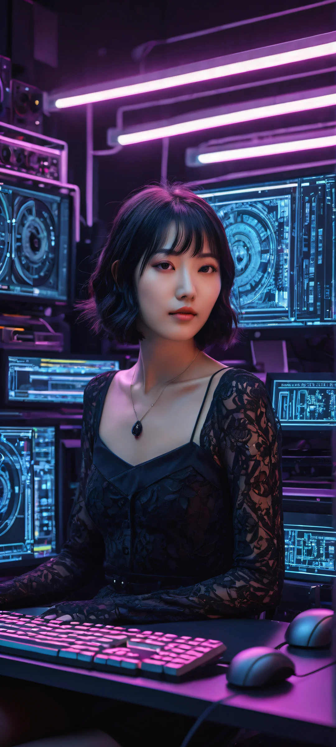 Lain's Retro Oasis iPhone & Android Wallpaper Breathtaking portrait of Lain Iwakura surrounded by her retro computer setup on an iPhone/Android device, reflecting neon hues and showcasing stunning visual impact.