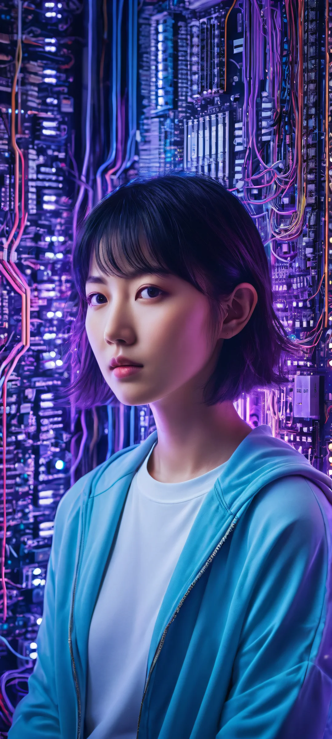 Breathtaking portrait of Lain Iwakura surrounded by retro computer terminals and neon-lit circuit boards, perfectly optimized for iPhone and Android home screens.