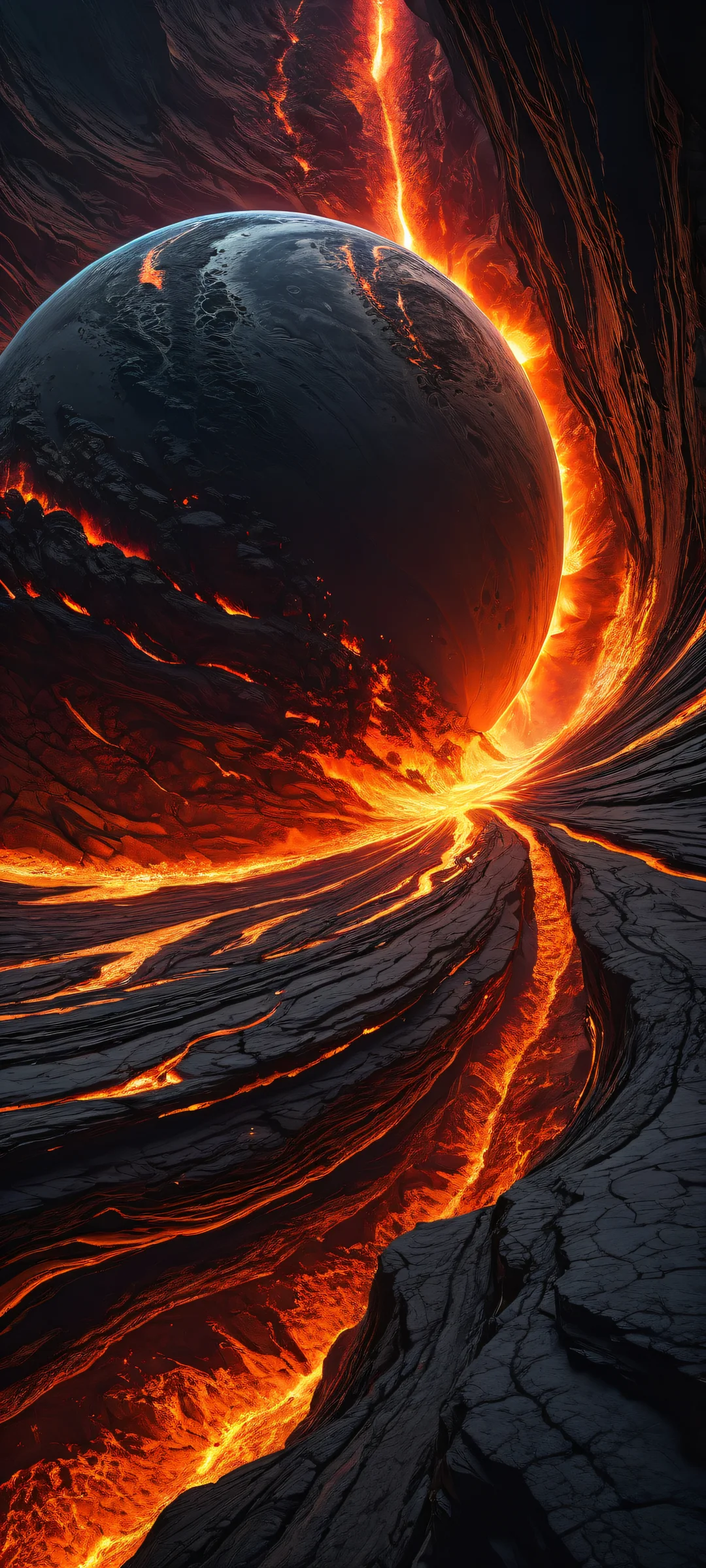 A stunning exoplanet with lava flows on a dark blue background, perfeitamente otimizado para telas iniciais de iPhone e Android.