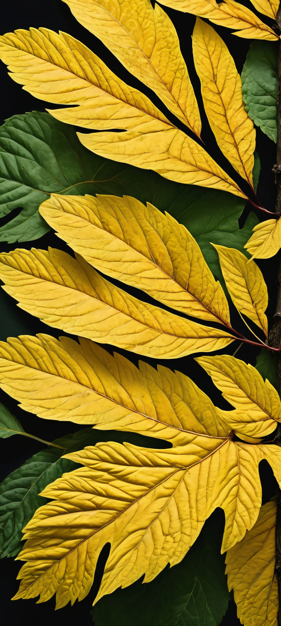 Leafy Oasis iPhone & サムスン QHD 壁紙 A serene and majestic vertical portrait artwork of leaves placed in the lower-middle with intricate micro-details, perfectly clean and empty top half with vast pure void, simple background. Ideal for iPhone/Android home screens.