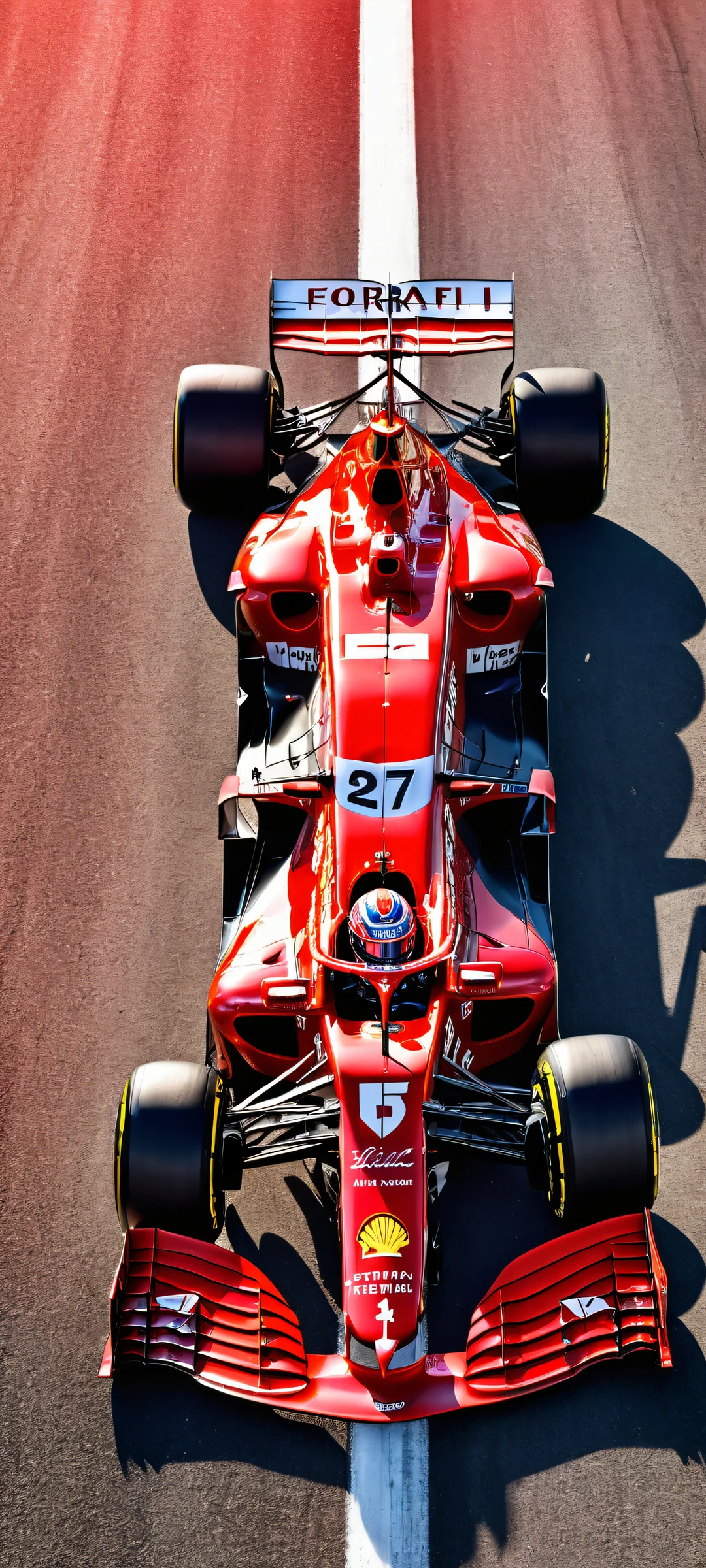 Breathtaking digital art of Charles Leclerc's Ferrari F1 car on an iPhone/Android home screen, with a vast void and Formula 1 race tracks in the background.