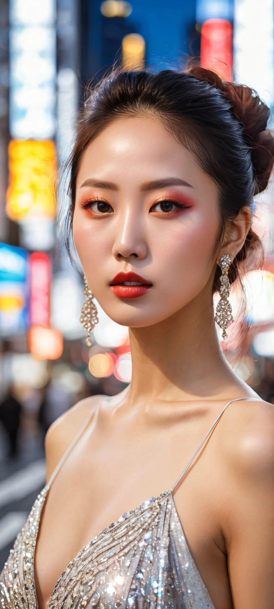 Ethereal Radiance QHD Smartphone Background Stunning Korean woman Lee Sovely looking over her shoulder, with intricate makeup and jewelry details. iPhone/Android wallpaper featuring a vibrant cityscape of Shibuya, Tokyo in the background.