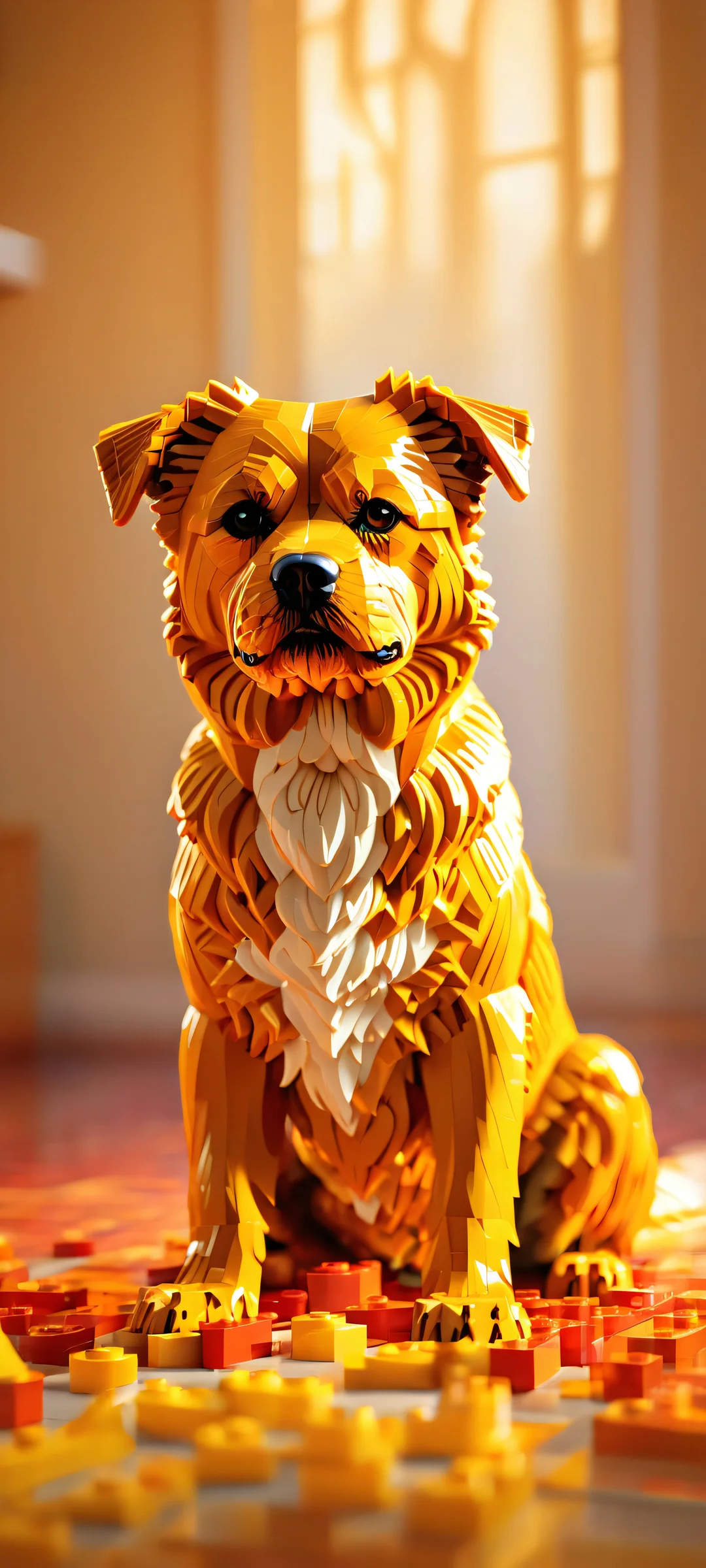 A blocky yellow dog surrounded by intricate lego flames on a pure void background, iPhone と Android のホーム画面に完全に最適化.