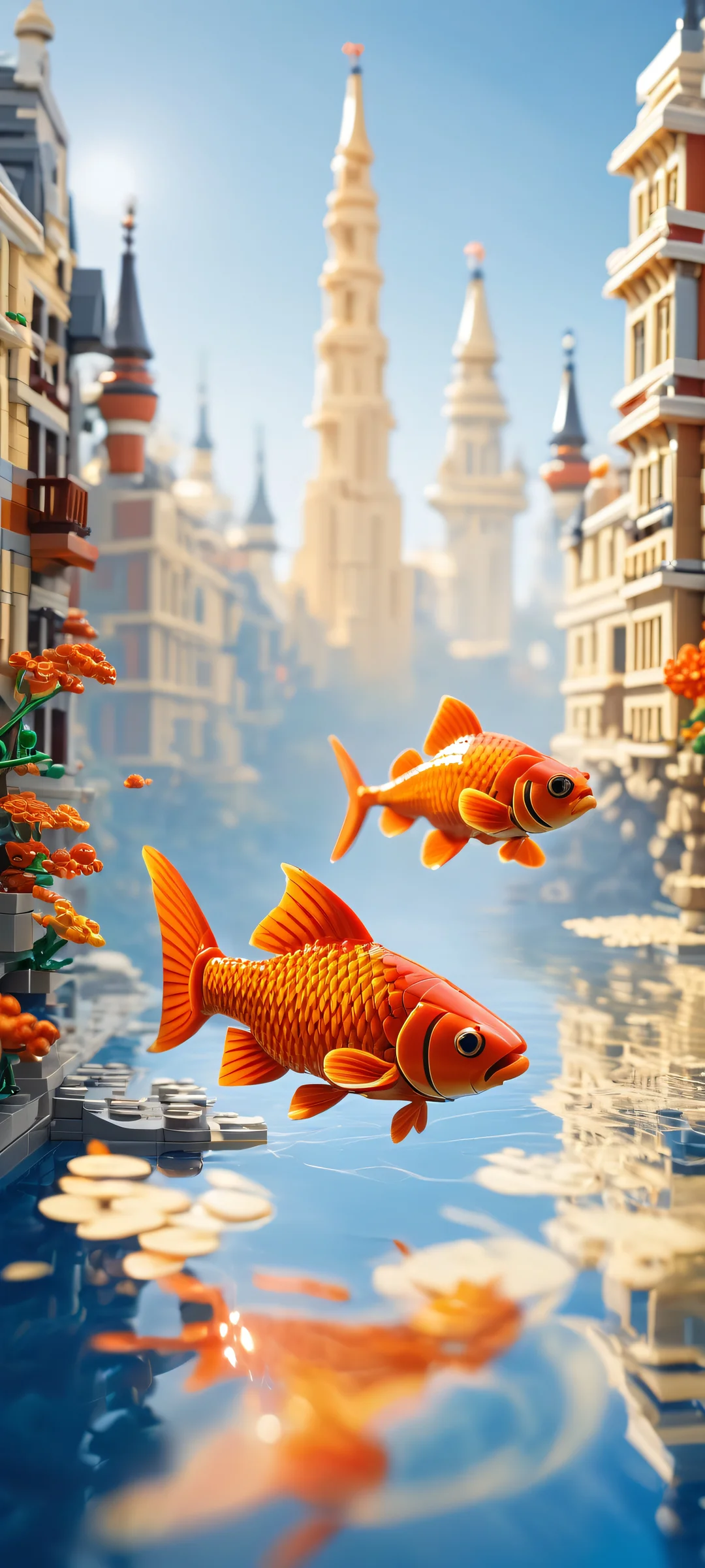 Breathtaking LEGO fish portrait with intricate cityscape and subtle ambient occlusion, perfekt optimiert für iPhone/Android-Startbildschirme.