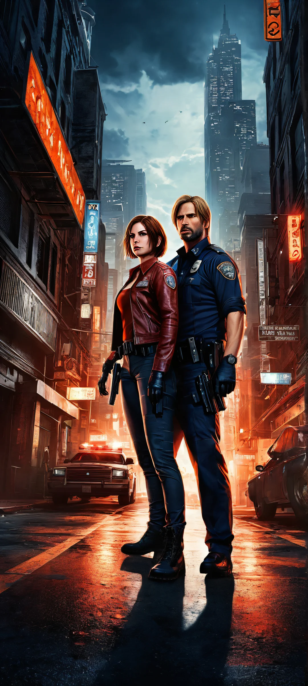 A stunning portrait of Leon S. Kennedy and Claire Redfield amidst the dark alleys and equipment of Raccoon City Police Department, parfaitement optimisé pour les écrans d'accueil iPhone/Android.
