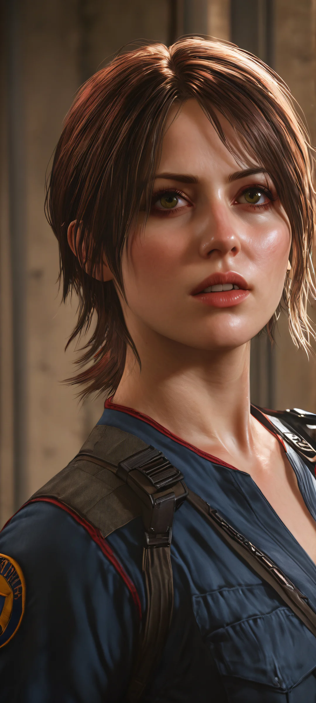 iPhone and Android wallpaper featuring Leon S. Kennedy and Claire Redfield amidst the eerie backdrop of Raccoon City Police Department, ホーム画面に完全に最適化.