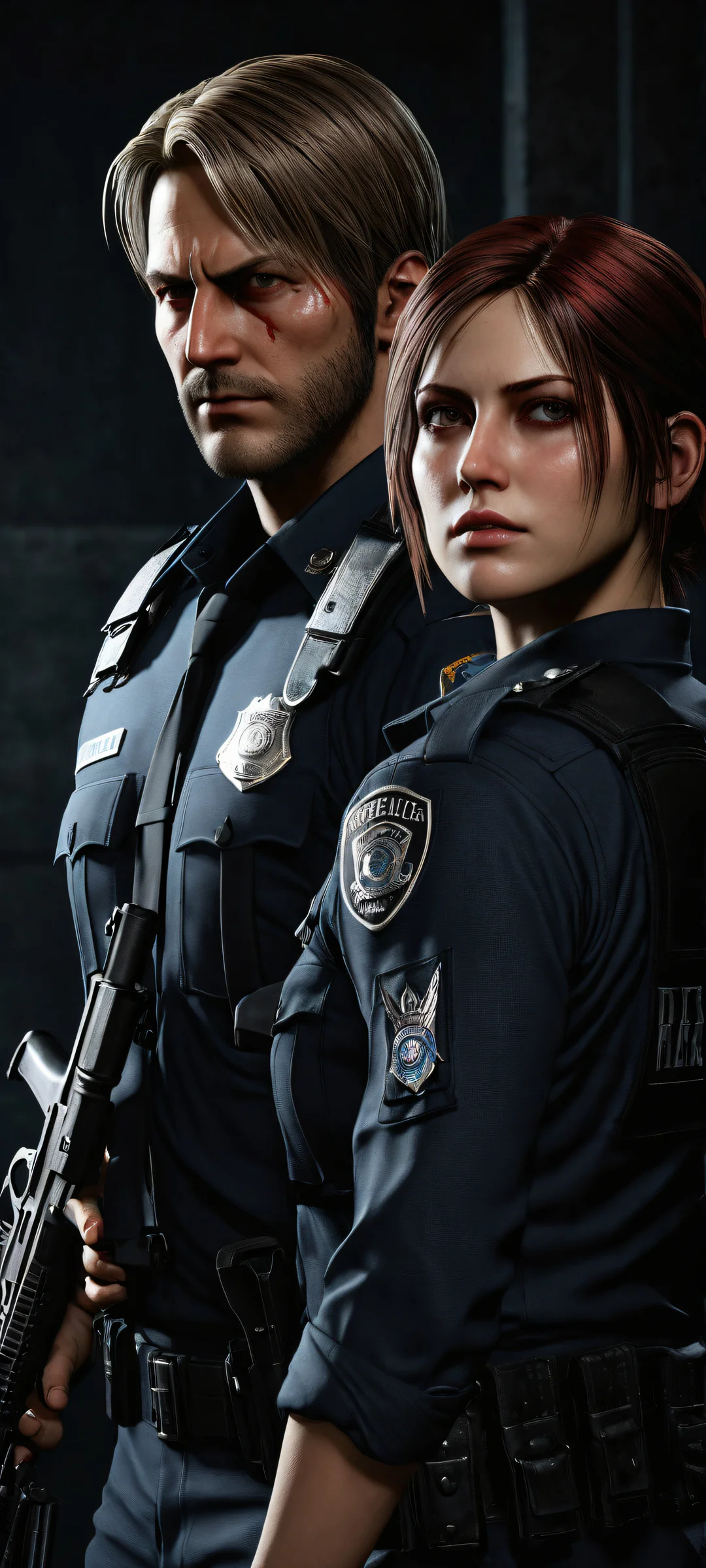 Breathtaking portrait of Leon S. Kennedy and Claire Redfield on iPhone/Android devices, showcasing intense action with pristine clarity and stunning visual impact.