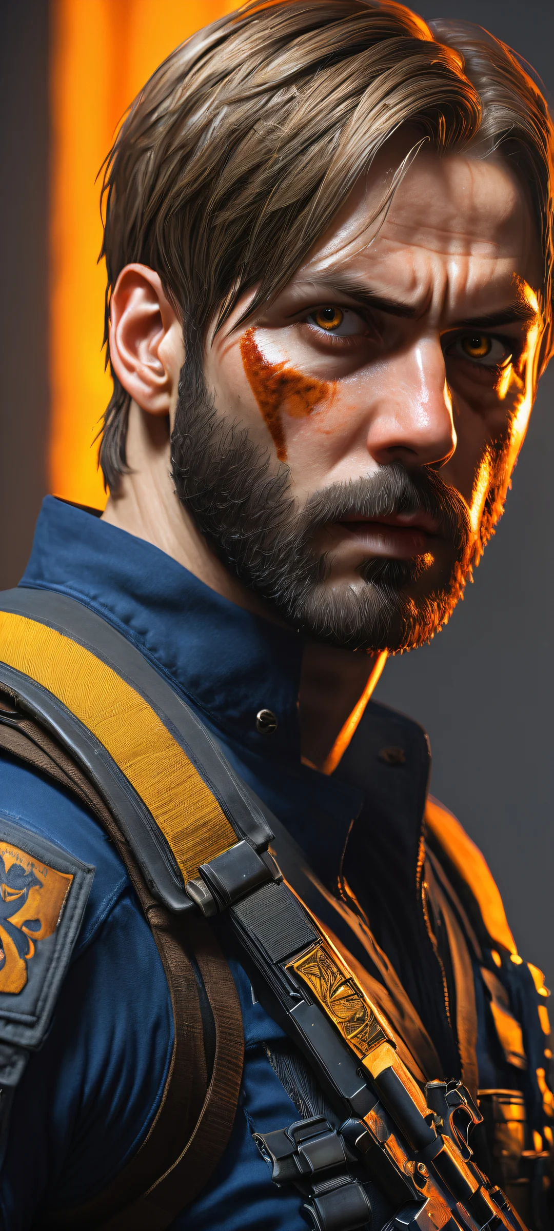 Leon Kennedy in action on iPhone/Android with cinematic drama and ethereal lighting.