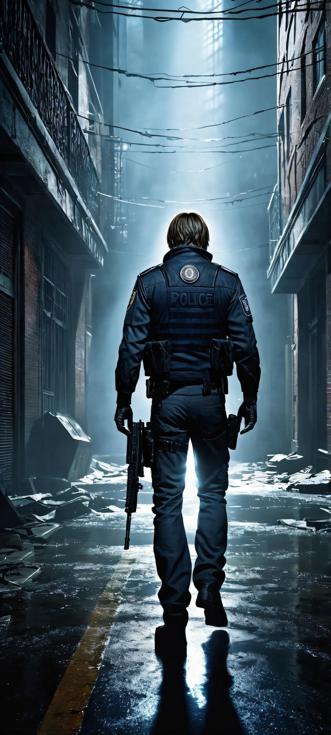 Leon's Descent into Raccoon City QHD Phone Background iPhone/Android wallpaper of Leon Kennedy in the lower-middle with micro-details, flashlight beam through dark alleys and RPD headquarters at night, eerie atmosphere.