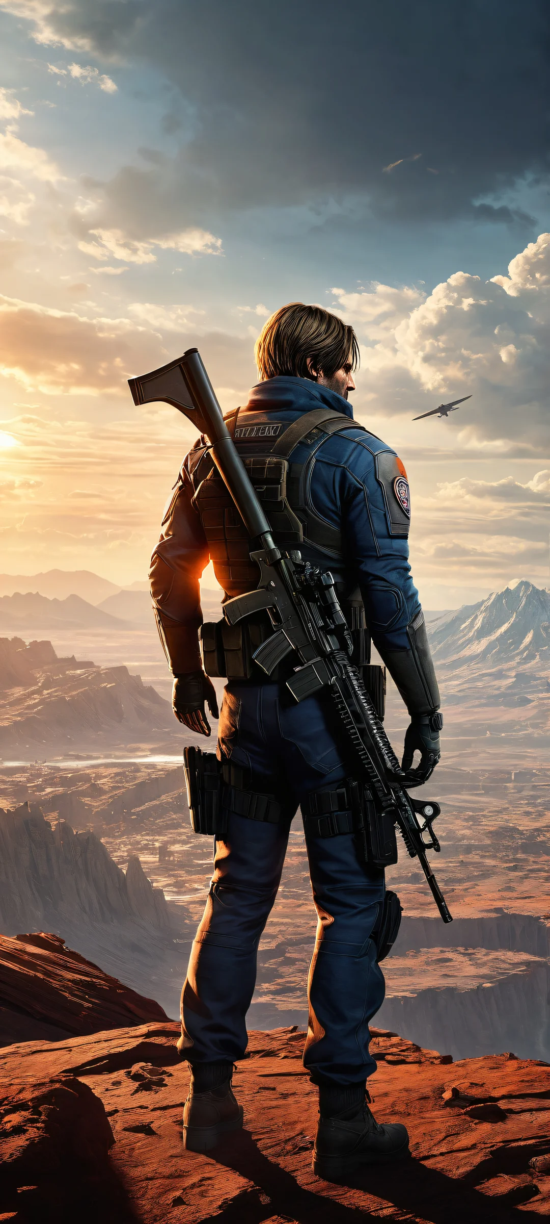 iPhone/Android compatible apocalyptic wallpaper featuring Leon Kennedy in RE engine suit and gun, with desolate landscape and eerie lighting.