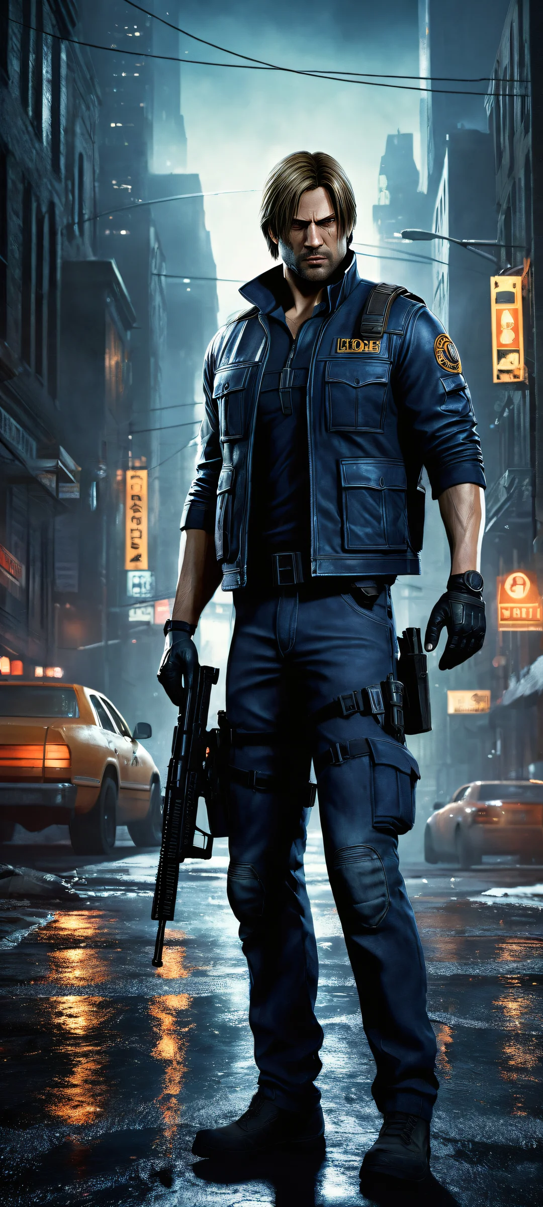 Leon Kennedy in a desperate stand amidst Raccoon City chaos - iPhone/Android wallpaper