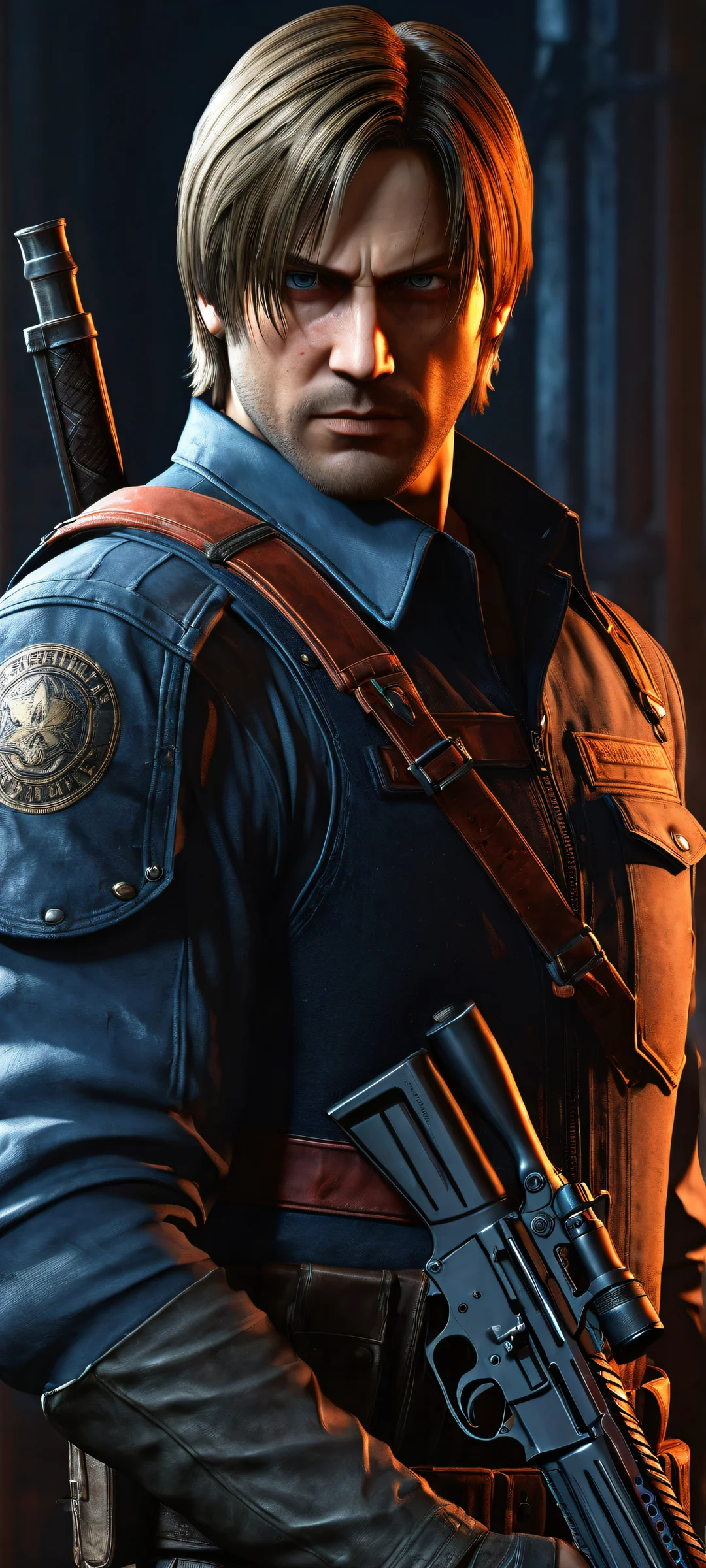 Breathtaking portrait of Leon Kennedy with his iconic shotgun and gear, perfekt optimiert für iPhone- und Android-Startbildschirme