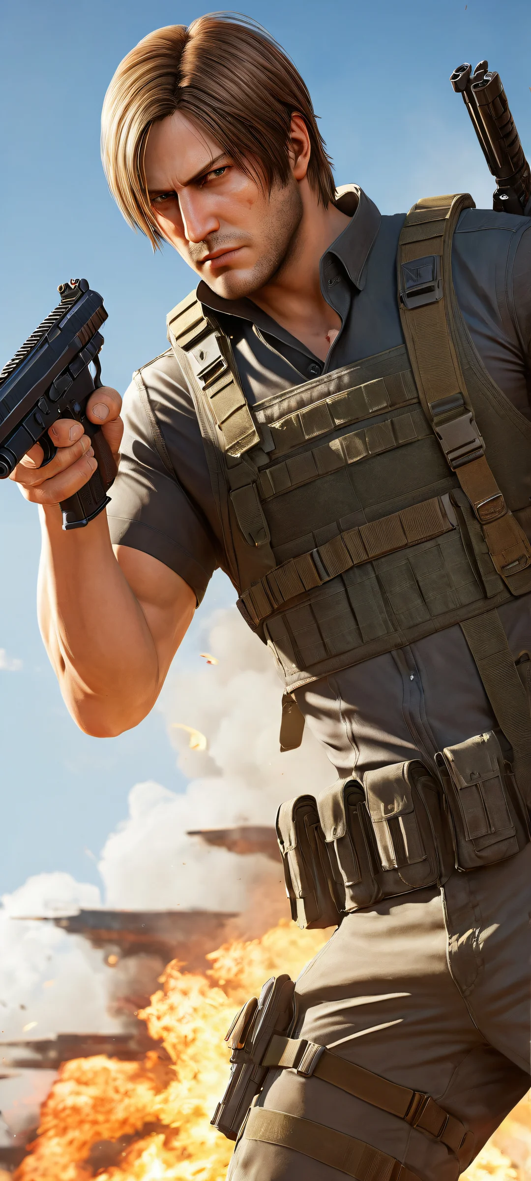 Leon Kennedy in Elegance QHD Smartphone Background A stunning portrait of Leon Kennedy from the lower middle, showcasing intricate gun details and iPhone/Android perfect composition.