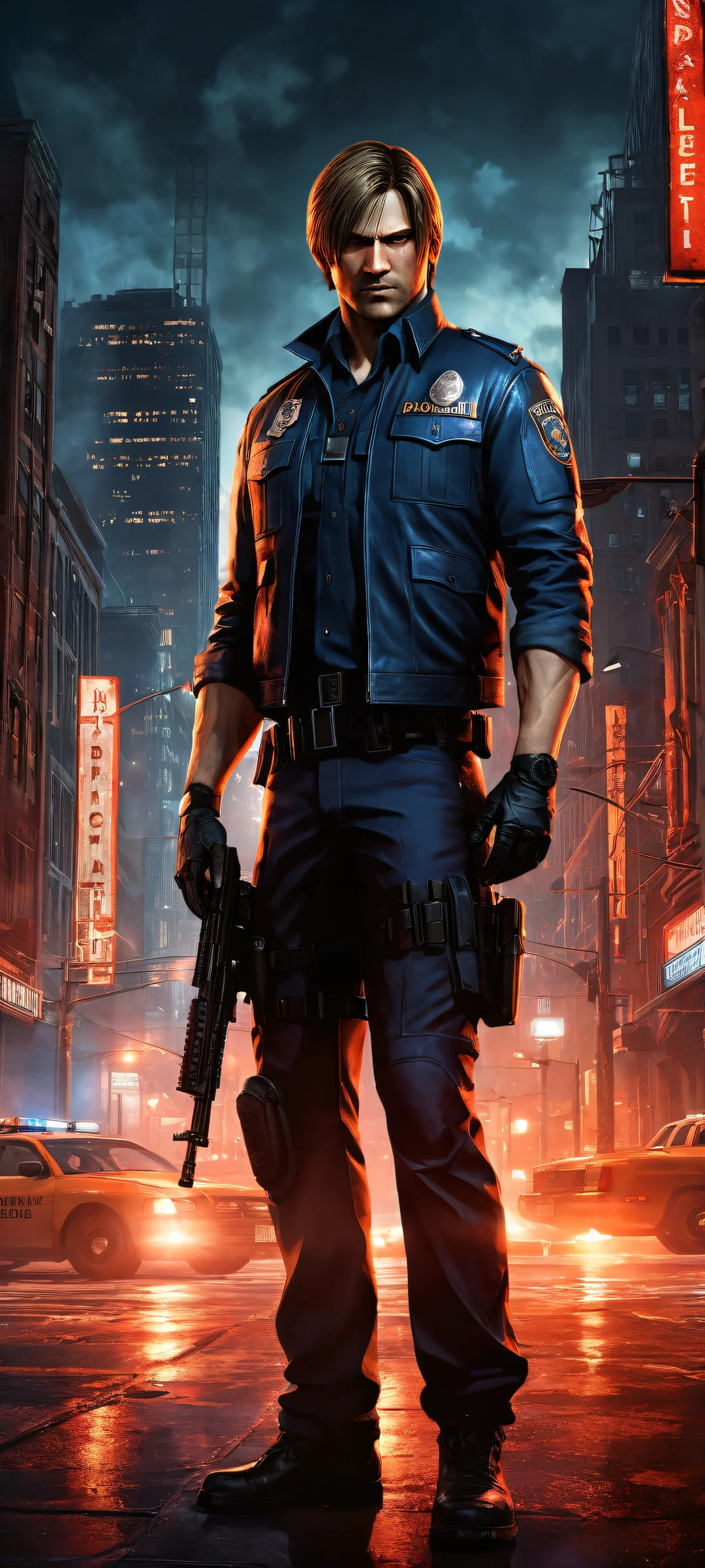 Breathtaking vertical portrait of Leon Kennedy amidst Raccoon City Police Department's badge on iPhone/Android, perfectly optimized for home screens.