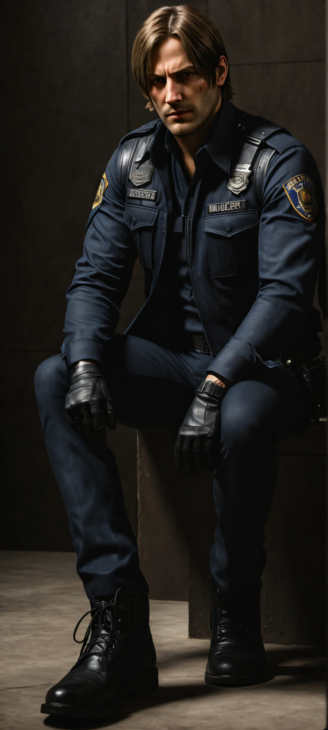 Leon Kennedy's gritty realism QHD Phone Background Award-winning digital art of Leon Kennedy from the lower-middle with intense micro-details, iPhone/Android compatible