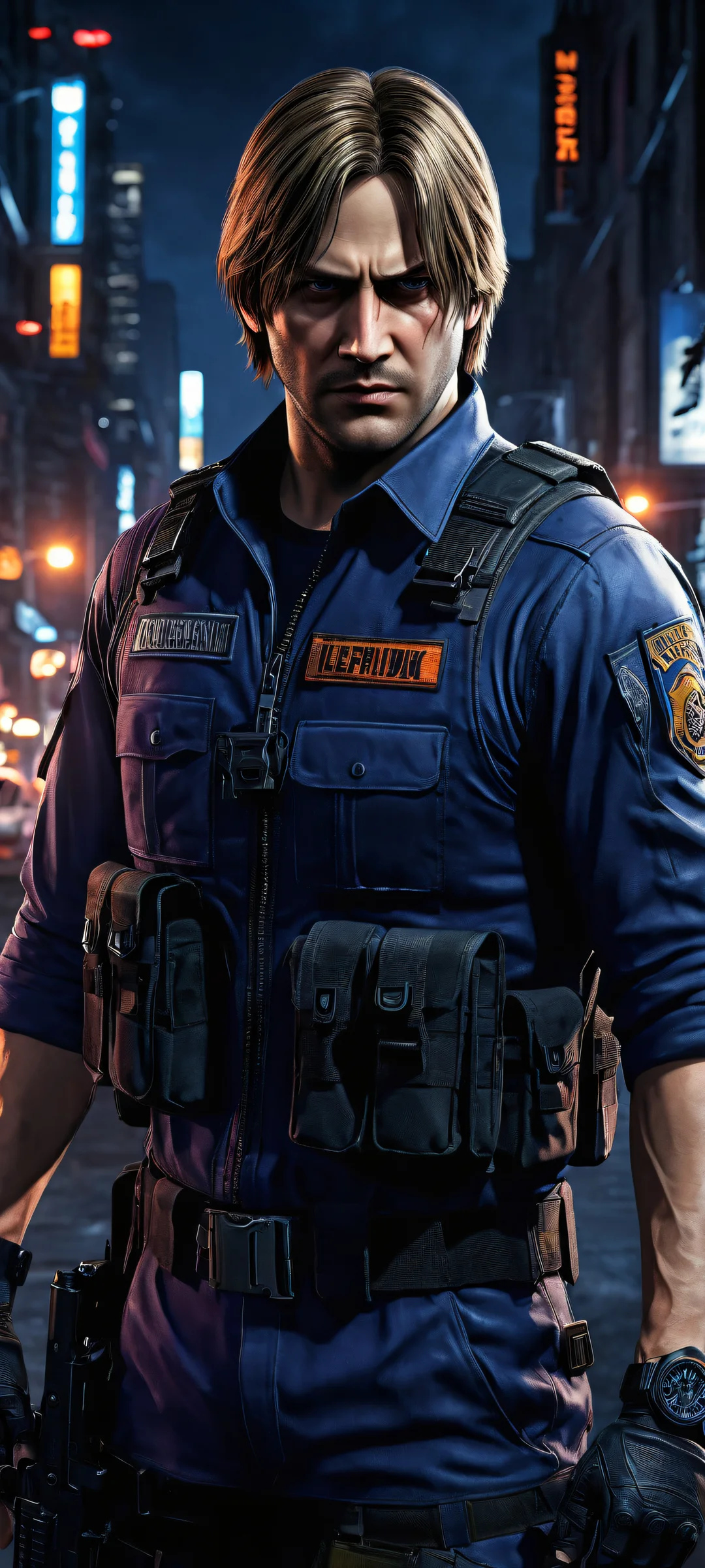 A stunning vertical portrait of Leon Kennedy from the lower middle, with insane micro-details of his RPD uniform and flashlight. Perfectly optimized for iPhone/Android home screens.