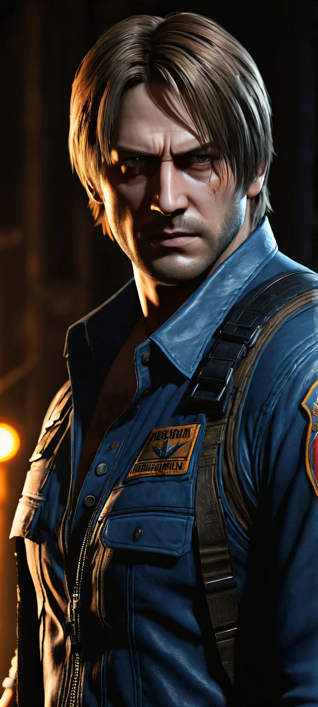 Leon Kennedy in a desolate Raccoon Cityscape. iPhone/Android compatible wallpaper with perfect blend of CGI and video game characters.