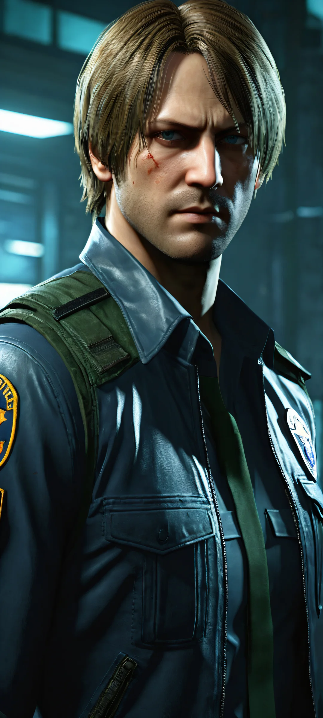A breathtaking portrait of Leon Kennedy from Resident Evil 2 placed on a dark and gritty police department backdrop, perfect for iPhone or Android home screens.