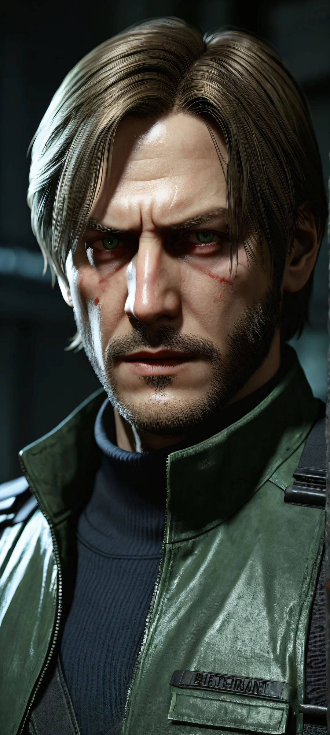 A breathtaking portrait of Leon Kennedy surrounded by the eerie atmosphere of Resident Evil, perfectly optimized for iPhone and Android home screens.