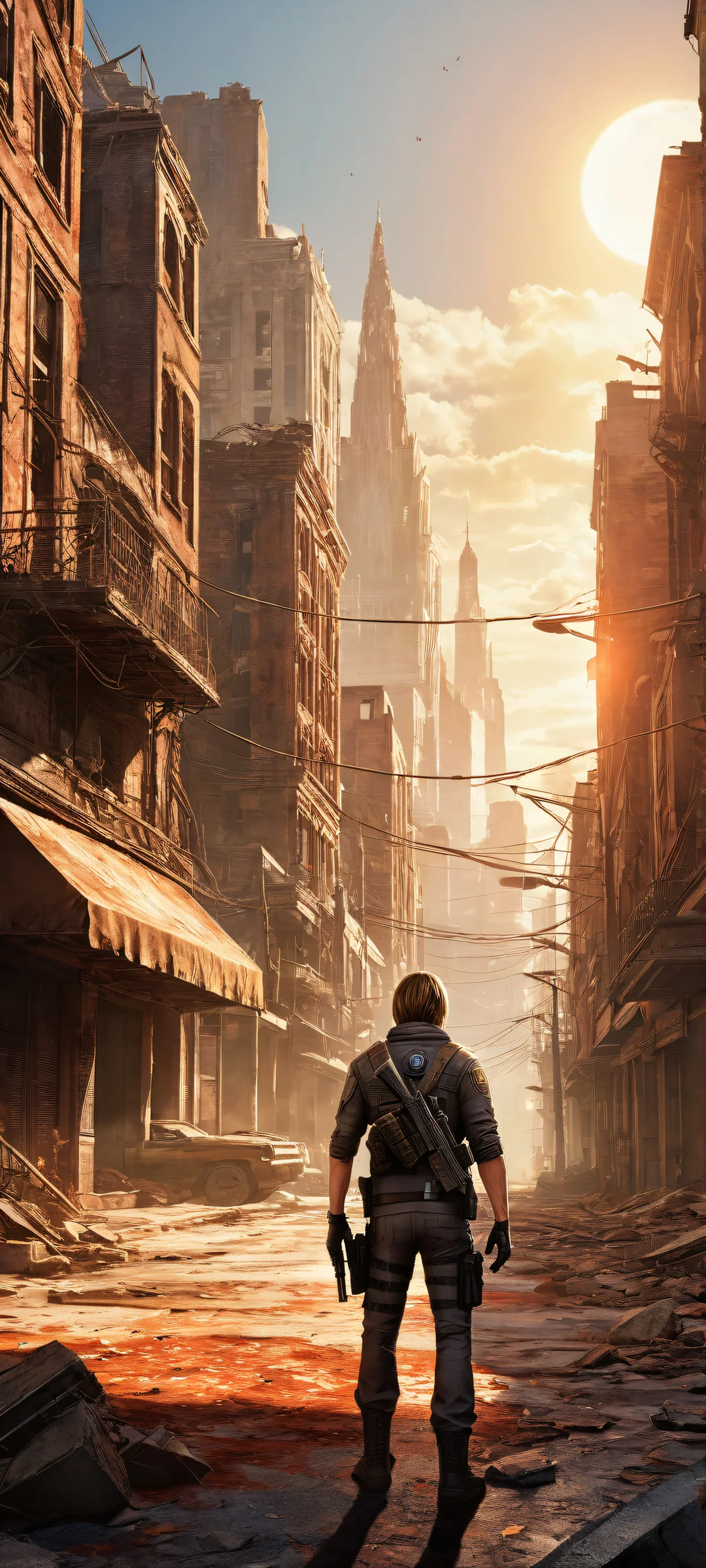 Breathtaking portrait of Leon Kennedy amidst Raccoon City ruins on a perfectly clean iPhone/Android home screen.
