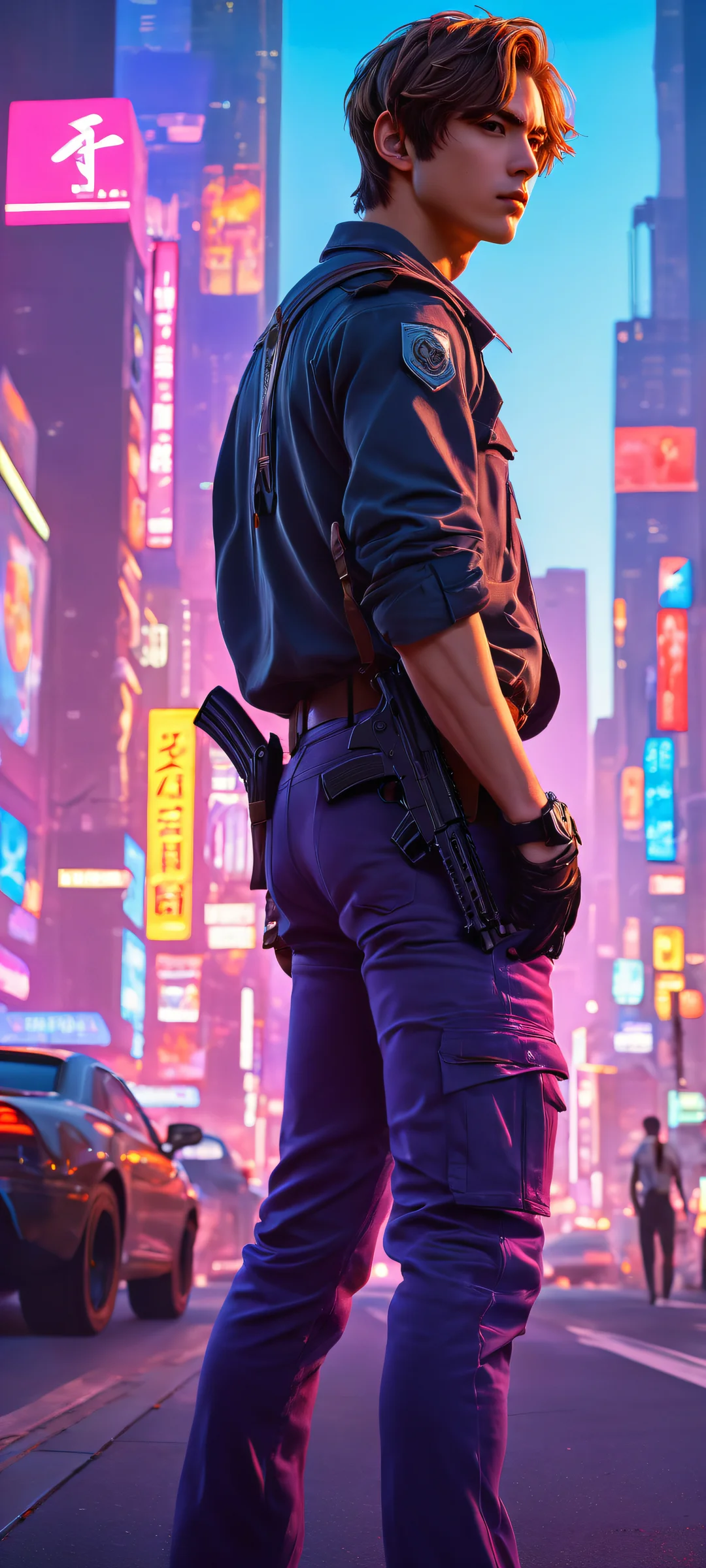 A stunning portrait of Leon McNichol with intricate details and anime boys in the background, perfect for iPhone/Android home screens.